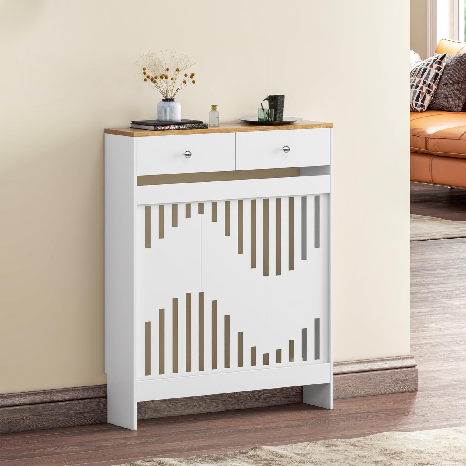 Luxstein Radiator Cover with Drawers, White Wooden Radiator Shelf Pipe Covers Cabinet with Wavy Grill for Living Room Bedroom Hallway, 78Lx19Wx95Hcm โ image 1