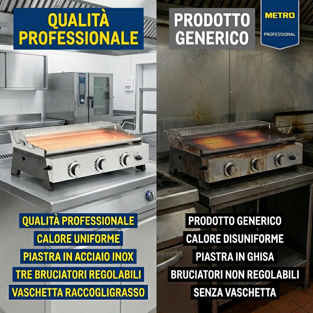 METRO PROFESSIONAL Barbecue a Gas Tornada 3 Bruciatori Piastra Acciaio Inox 61.5×32 cm 7.5 kW Argento