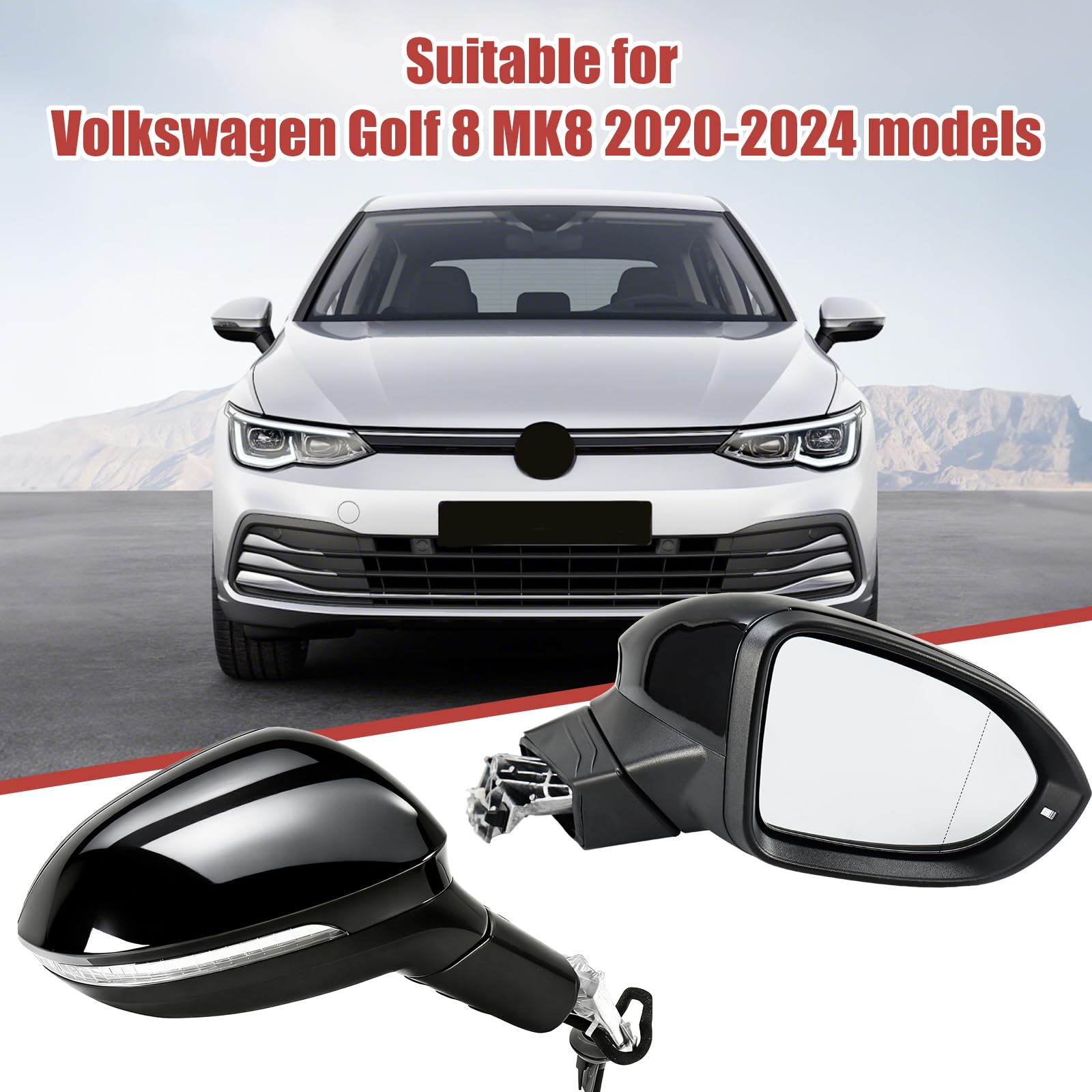 Assemblaggio Specchio Compatibile con Volkswagen Golf 8 MK8 2020-2024, Specchietto Laterale con Freccia LED, Riscaldato, Nero (Connettore a 13 Pin) (Destra)