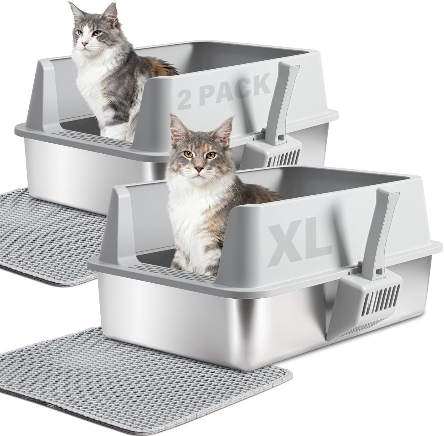 2PACK Stainless Steel Cat Litter Box with Lid, XL Metal Litter Box, Extra Large Litterbox for Big Cats, High Sided | Easy Cleaning | Odor-Free Includes Scoop and Mat