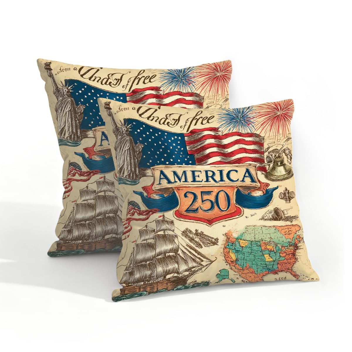 Outdoor Pillow Covers Waterproof Pillowcases 18x18in Set of 2 Retro 250th The United States Independence Decorative Throw Cushion Case for Couch Sofa Garden Patio Furniture