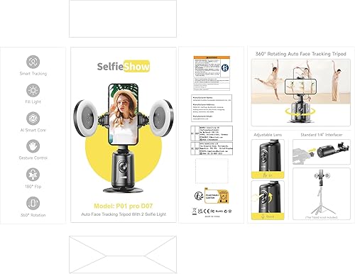 Miniatura 10 de Trípode de seguimiento facial automático con 2 anillos de luz para selfie, rotación de 360, soporte de teléfono para cámara de disparo inteligente