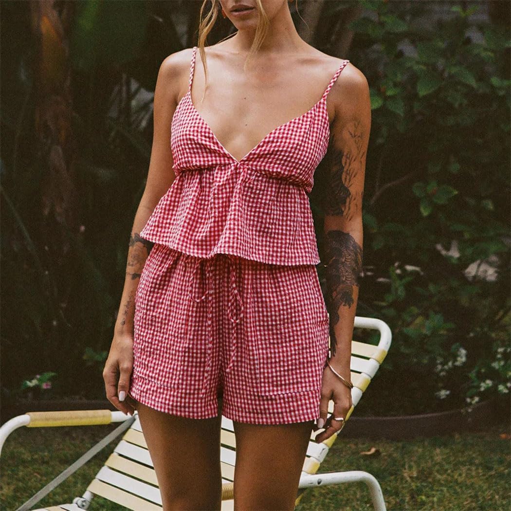 Women Vintage Two Piece Shorts Set Plaid Backless Camisole Elastic Waist Shorts Beach Holiday Suit