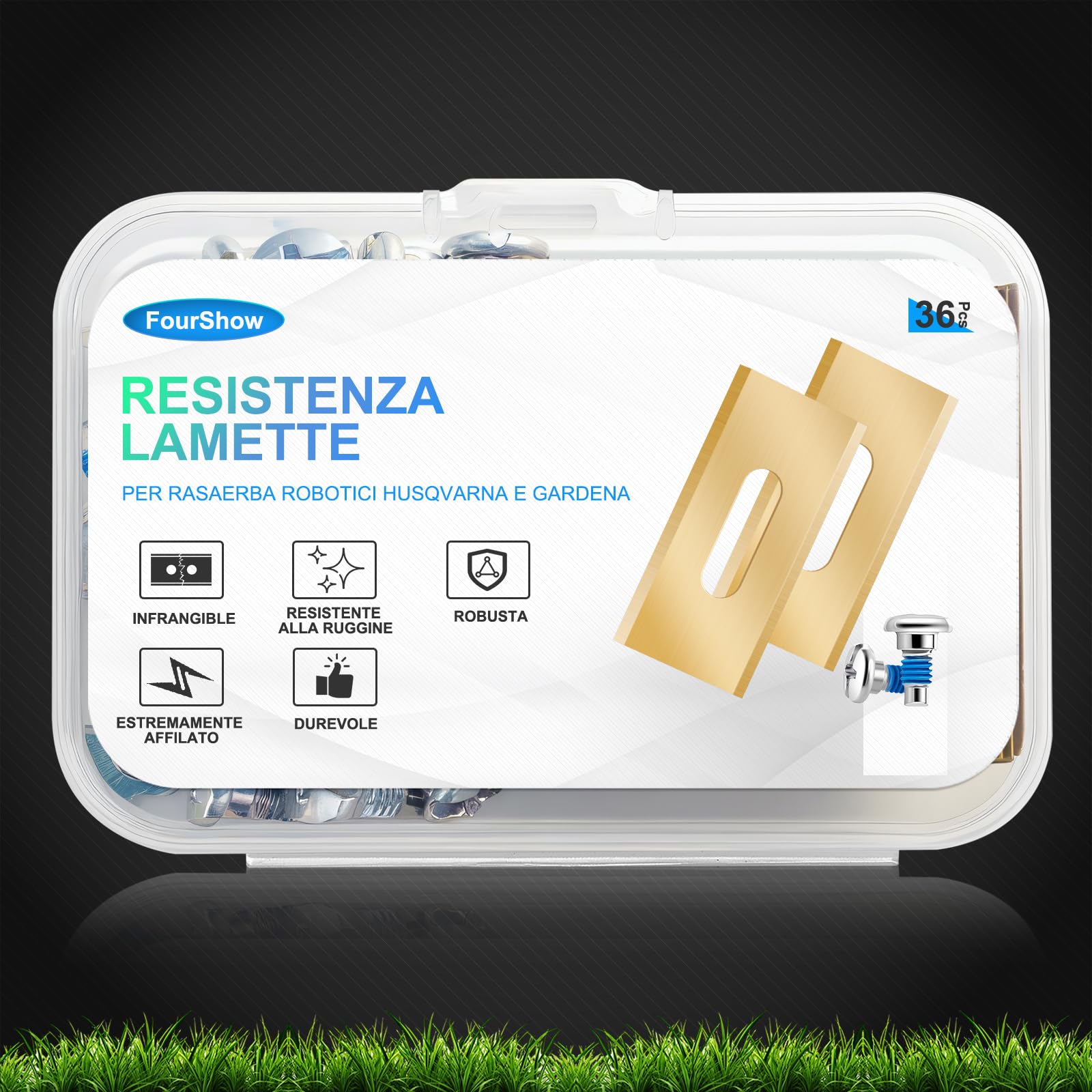 FourShow 36 Lame di Ricambio Endurance compatibili con Tutti i Robot da Giardino Husqvarna, Lame Resistenti in Titanio, Inclusi Viti con Rivestimento di Sicurezza