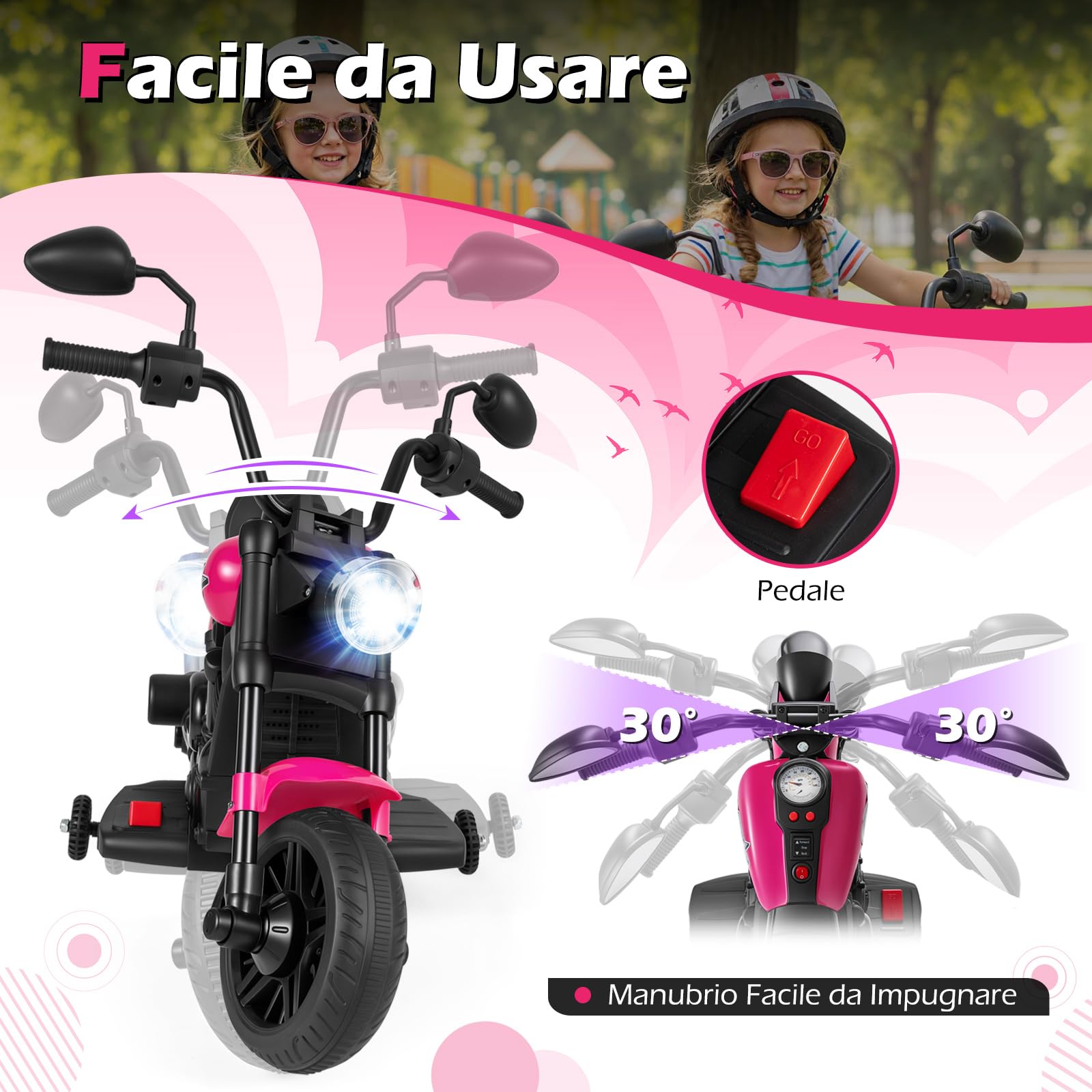 COSTWAY Moto Elettrica per Bambini, 6V Moto Cavalcabile con 2 Ruote di Supporto, Pedale, Fari e Musica, 2,4 km/h, per Bambini 3 Anni+, 79x58x56 cm (Rosa)