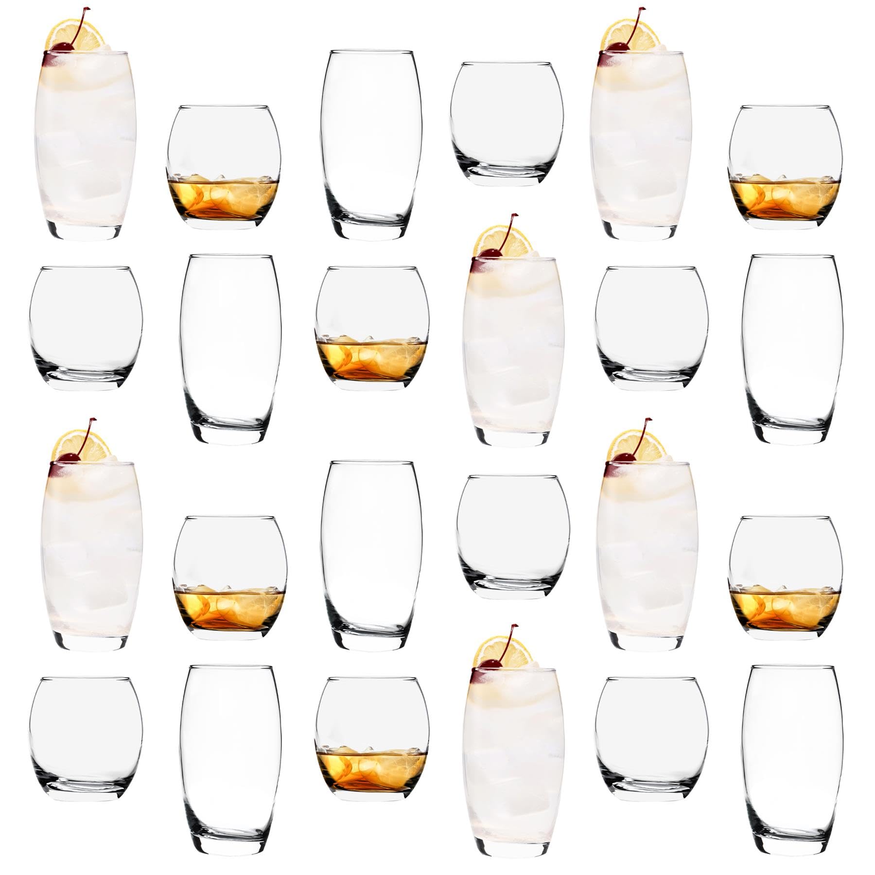 Argon Tableware 24 Piece Glassware Set - 405ml & 510ml - Tondo Collection - Whiskey Drinking Tumbler Cups Glasses Dishwasher Safe Large Highball Glass Modern Water Hiball Glasses