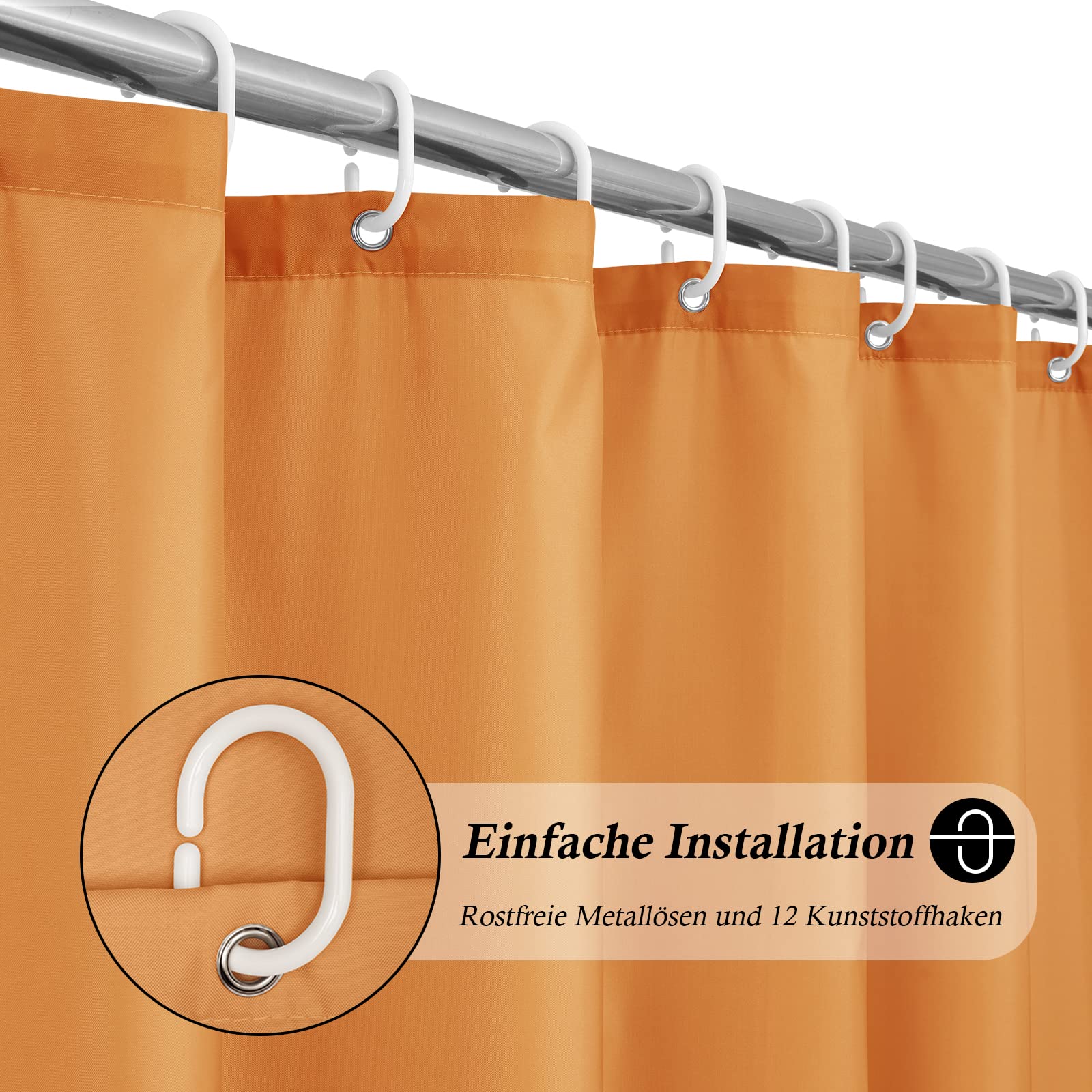 EurCross Cortina de ducha de 180 x 200 cm, tela de baño, cortina de baño para bañera y ducha, cortina de baño naranja de tela de poliéster, antimoho, impermeable y lavable con 12 anillas