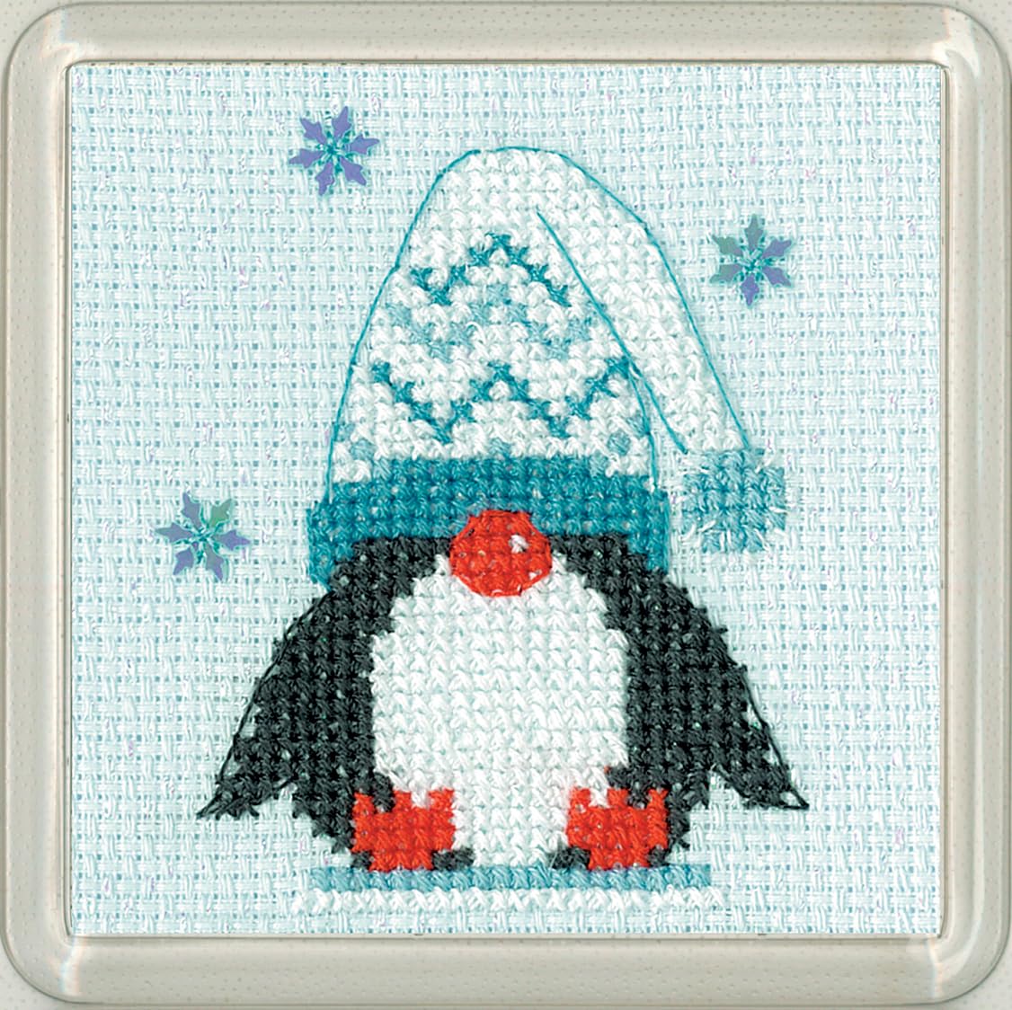 Heritage Crafts Sparkle & Sequin Christmas Coaster Cross Stitch Kit - Frosted Penguin - Woolly Hat Cross Stitch Coaster Kit - Kirsten Roche Designs