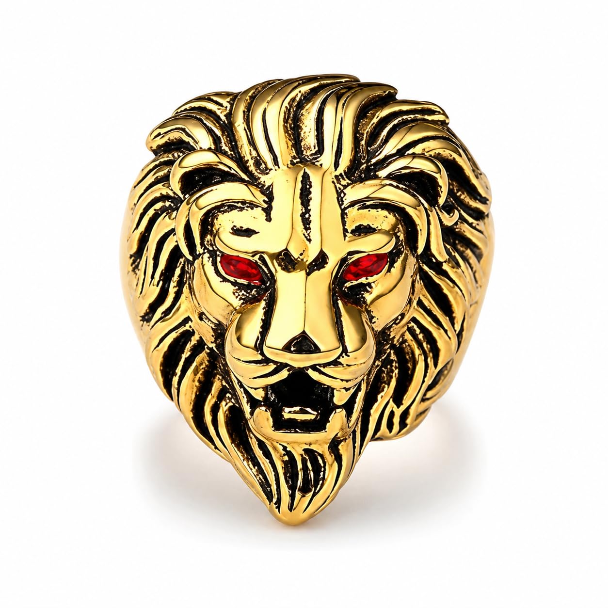 Biker Men Gold Plated Ruby Red Stone Lion Head Metal Ruby Gold Plated Ring For Men And Boys-image-2