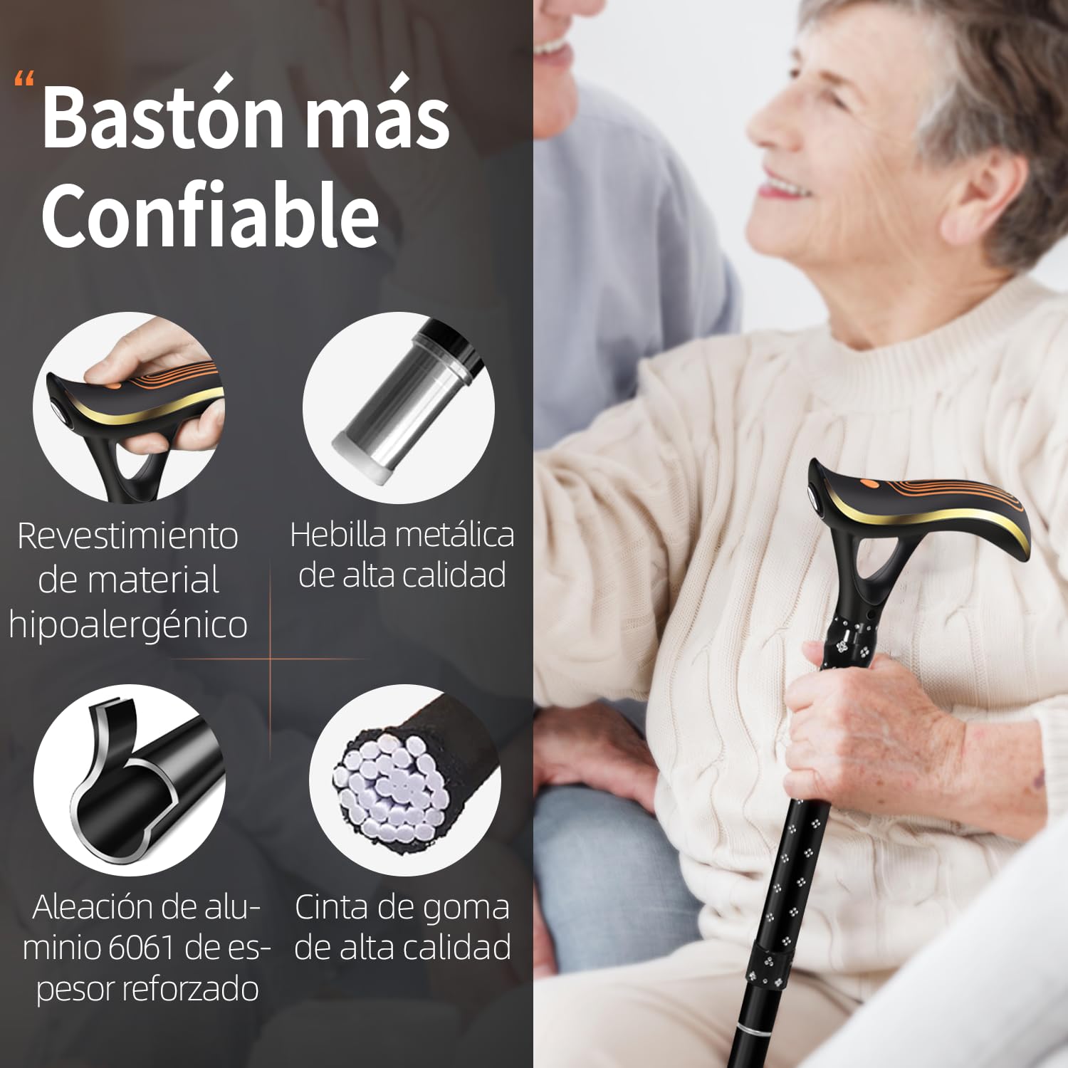 Bastón plegable multifuncional con luz, bastones de moda para mujeres y hombres, bastones ajustables para personas mayores, carga directa USB, ligero y portátil