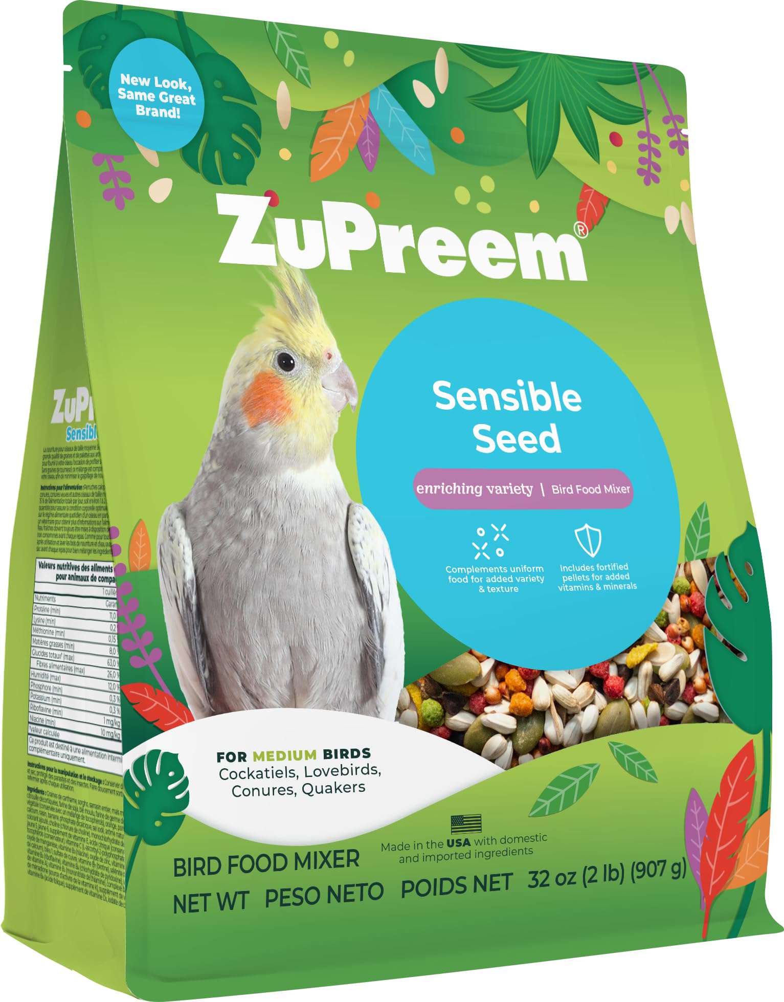 ZuPreemSensible Seed Bird Food, Cockatiel, Lovebird, Quaker, Small Conure, Seed and Pellet Blend for Medium Birds, Food Mixer Topper, Enriching Variety, Made in the USA, (M, 2 lbs)