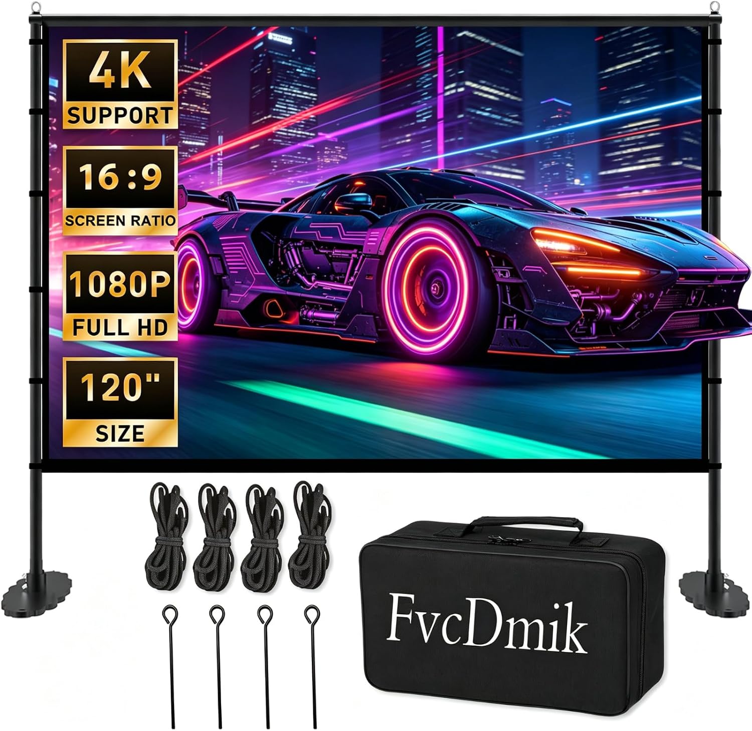 120 inch Projector Screen with Stand, 16:9 4K HD Portable Outdoor Movie Screen, Wrinkle-Free Foldable Indoor Projection Screen with Carry Bag & Ground Nails for Backyard Cinema Home Theater
