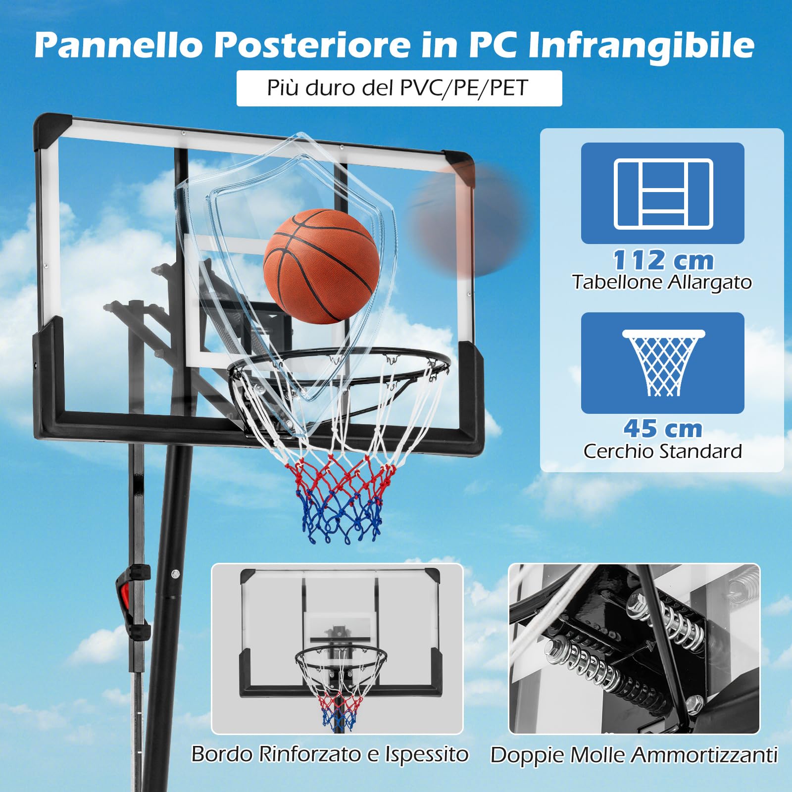 COSTWAY Canestro da Basket per Adulti, Canestro da Basket da Esterno ed Interno Regolabile 150-365 cm con Tabellone in PC, Ruote, Asta e Base Riempibile