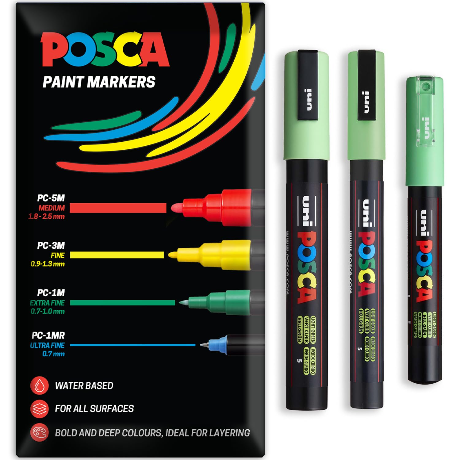Posca Water Based Acrylic Paint Marker Pens | Multi Surface Use Permanent Paint Pen | Pack of 3 Pens in Envelope Gift Packaging | Glass Fabric Canvas Wood etc | PC-1M, PC-3M, PC-5M, Light Green