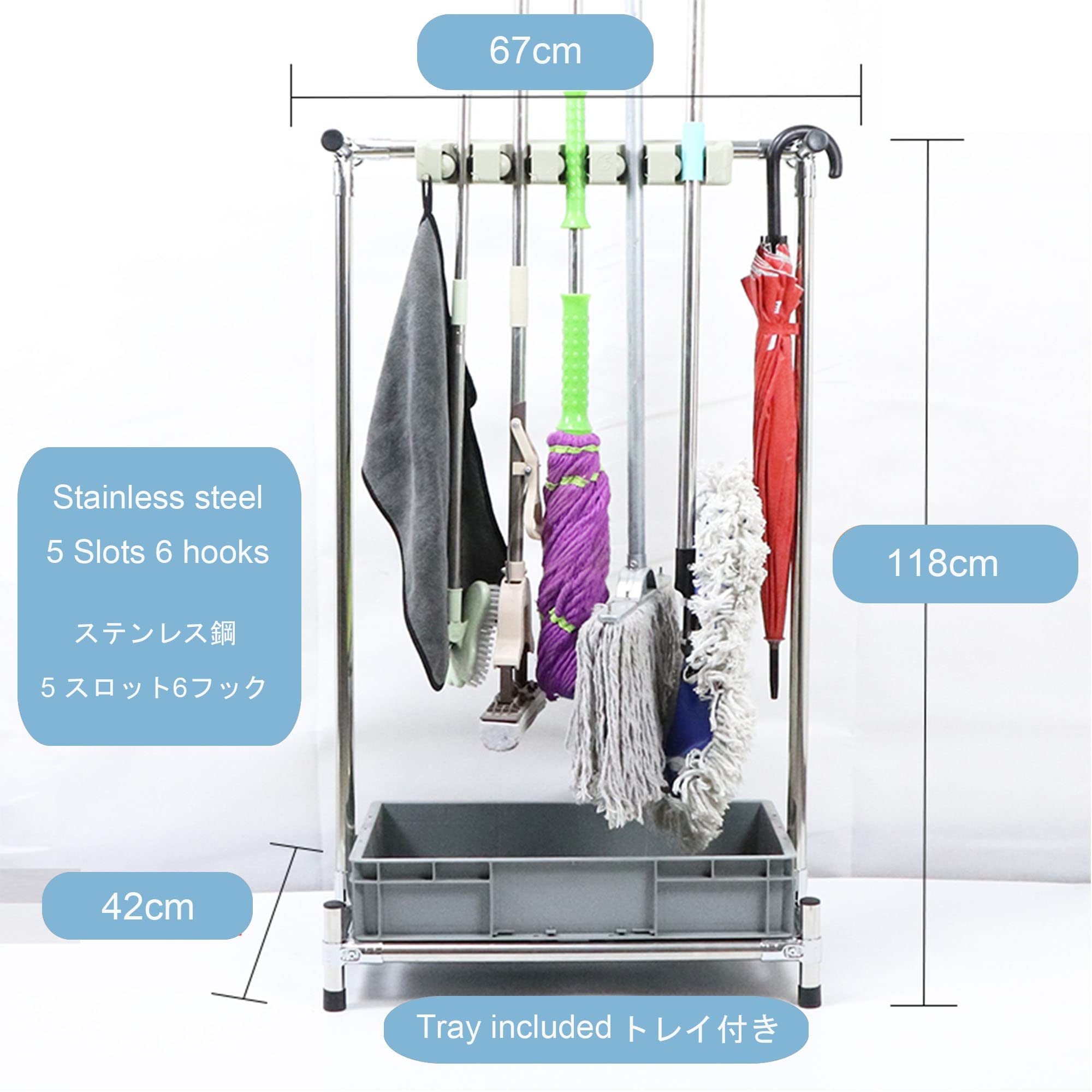 Movable Floor Standing Mop Broom Holder,Commercial Stainless Steel Mop Rack, Cleaning Supplies Organizer,Garden Tool Storage,Umbrella Stand,Put Wet Mops,5 Slots,for Garage,Schools,Hospitals,Factories