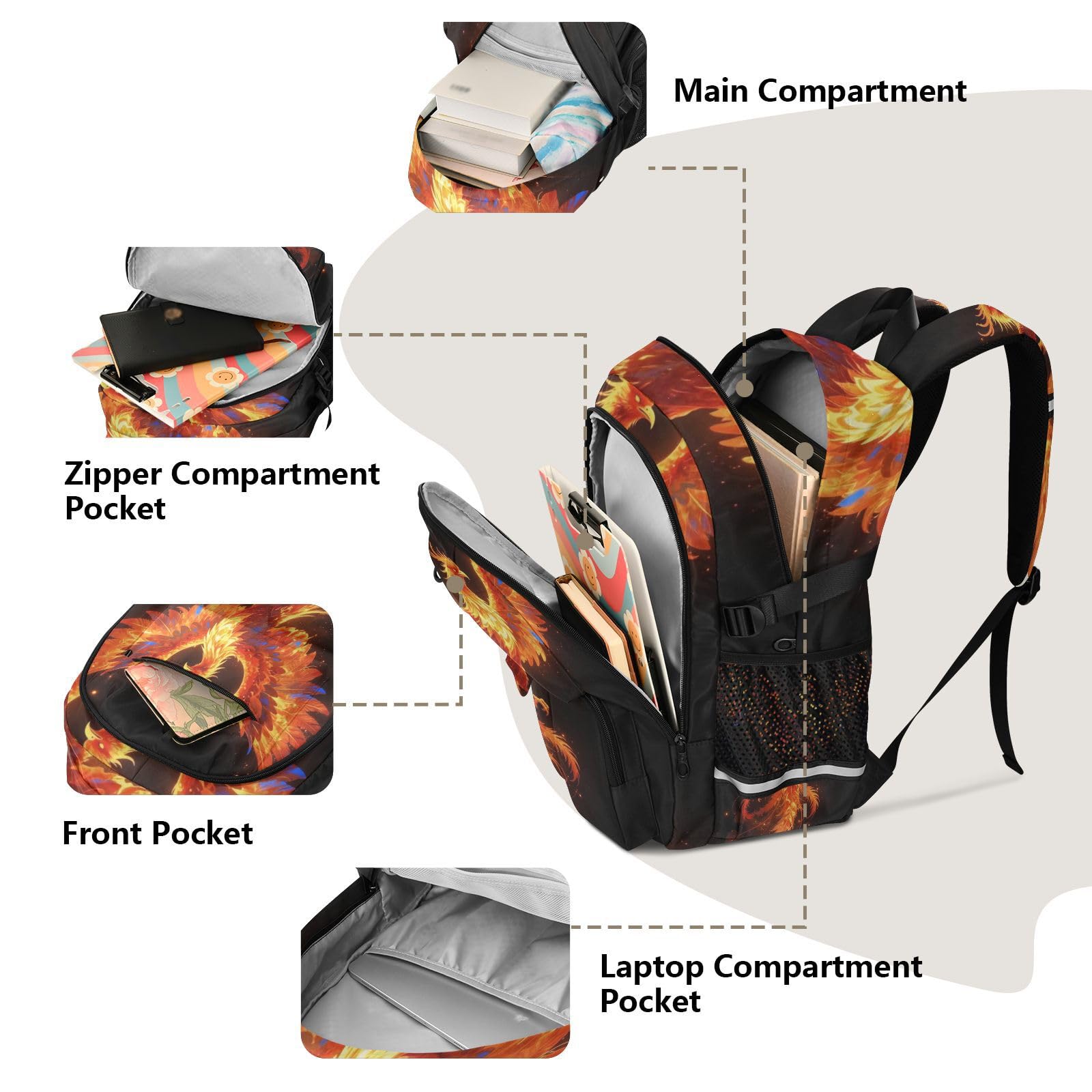 Grande zaino da viaggio Fire Flame Phoenix Bird Work Bookbag 44,5 cm