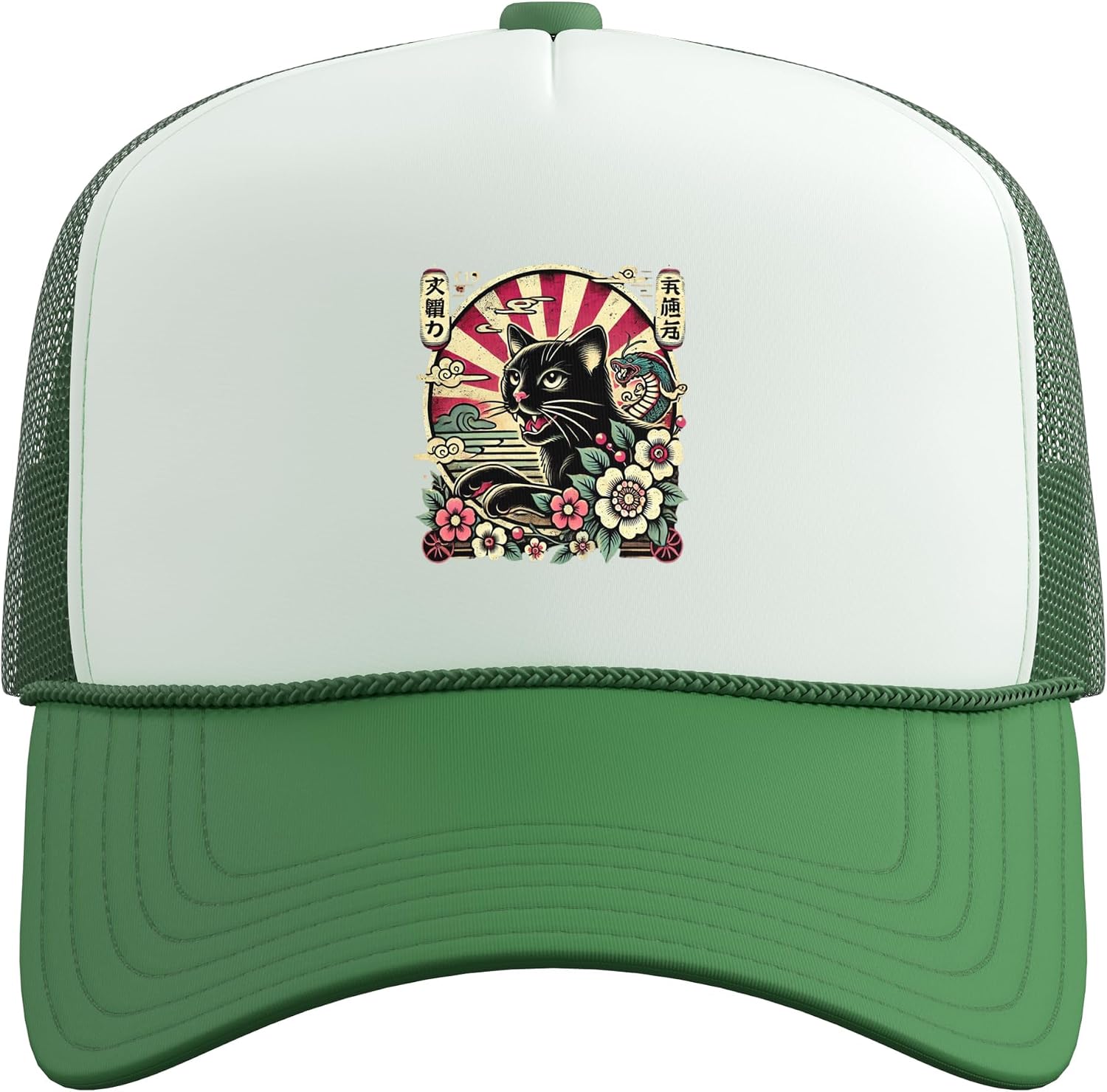 Vintage Japan Art Japanese Theme Retro Print Black Cat Trucker Hat with Adjustable Mesh Back image 2