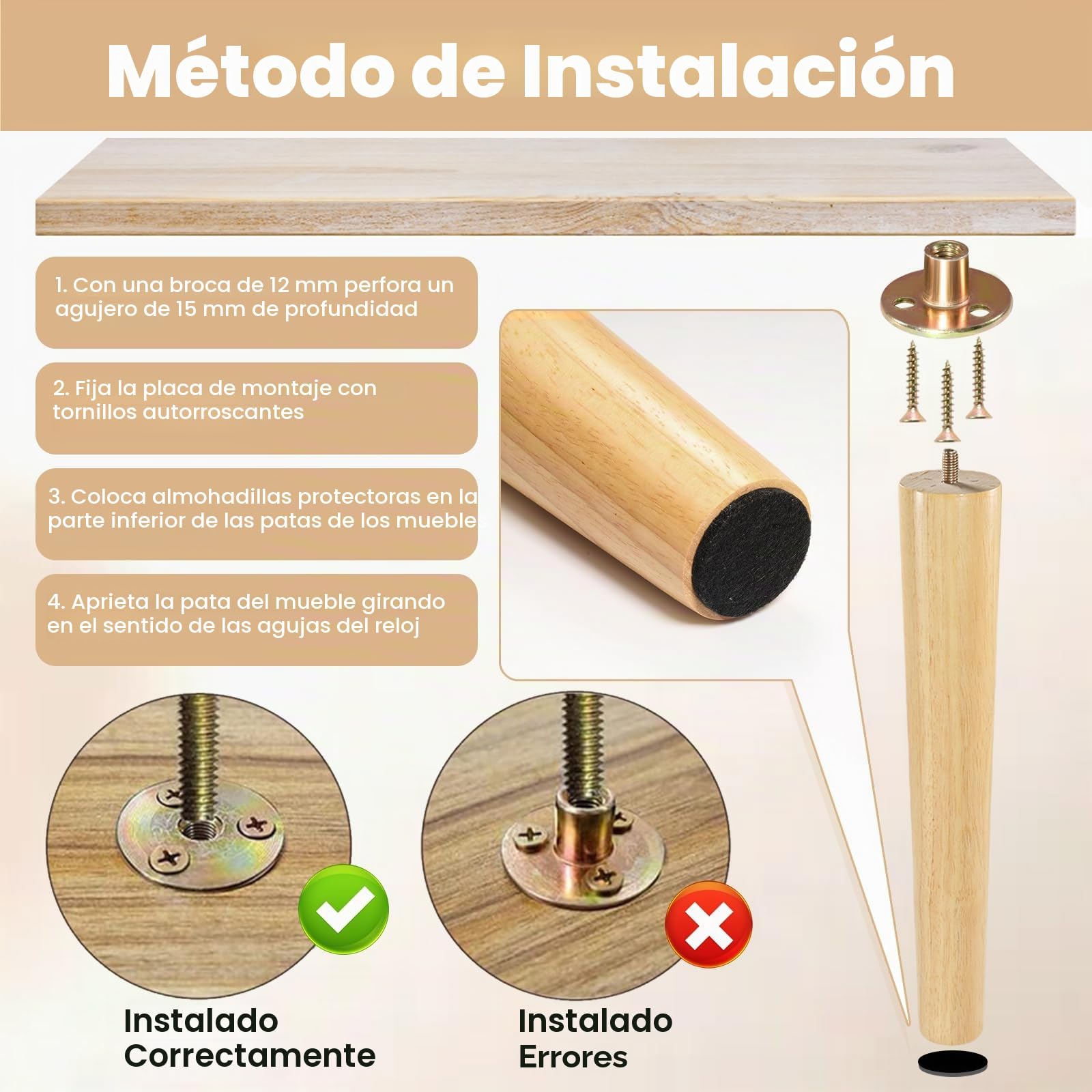 4 Patas para Madera 30cm con Placa – Soporte Firme para Muebles | Patas Madera con Placa y Goma Antideslizante,Fáciles de Montar,Perfectas para Sofá,Banco,Silla,Escritorio,Armario y Mesa