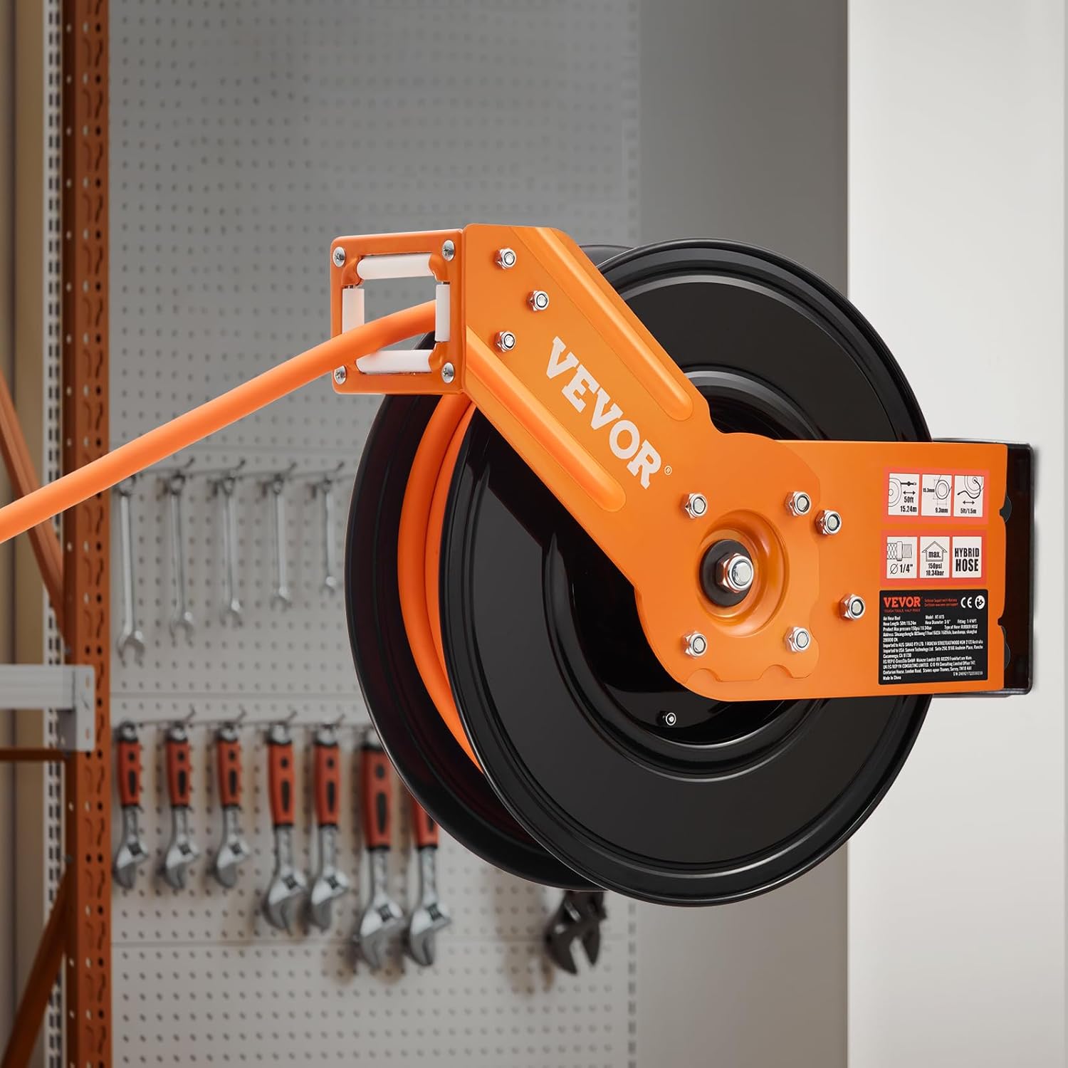 VEVOR Retractable Air Hose Reel, 3/8IN x 50FT Rubber Air Hose Max 300PSI, Air Compressor Hose Reel Auto-Rewind with 5FT Lead in, Ceiling/Wall Mount Heavy Duty Single Arm Reel & 180° Swivel Bracket - Image 8