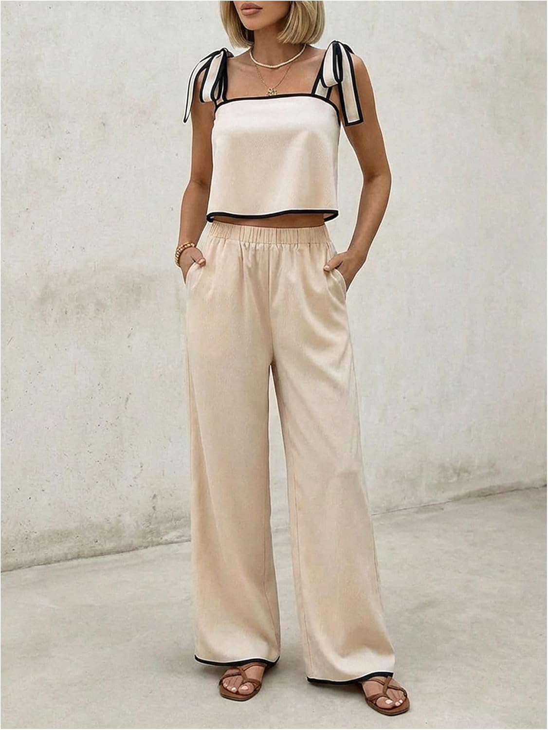 Women's 2 Piece Going Out Outfits Summer Tie Shoulder Crop Top and Pants Vacation Sets - Image 4