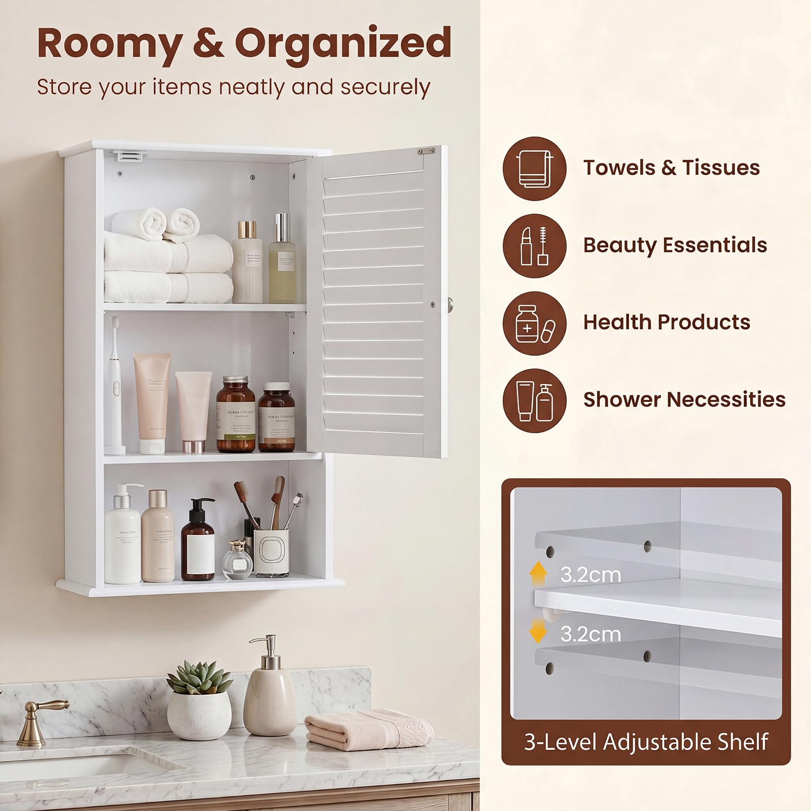 LIFEZEAL Armoire de Salle de Bain Murale avec 3 Étagères de Rangement, 42 x 17 x 70 CM,Meuble de Rangement Suspendu à Une Porte en Bois pour Salle de Bains, Étagère Réglable (Blanc)