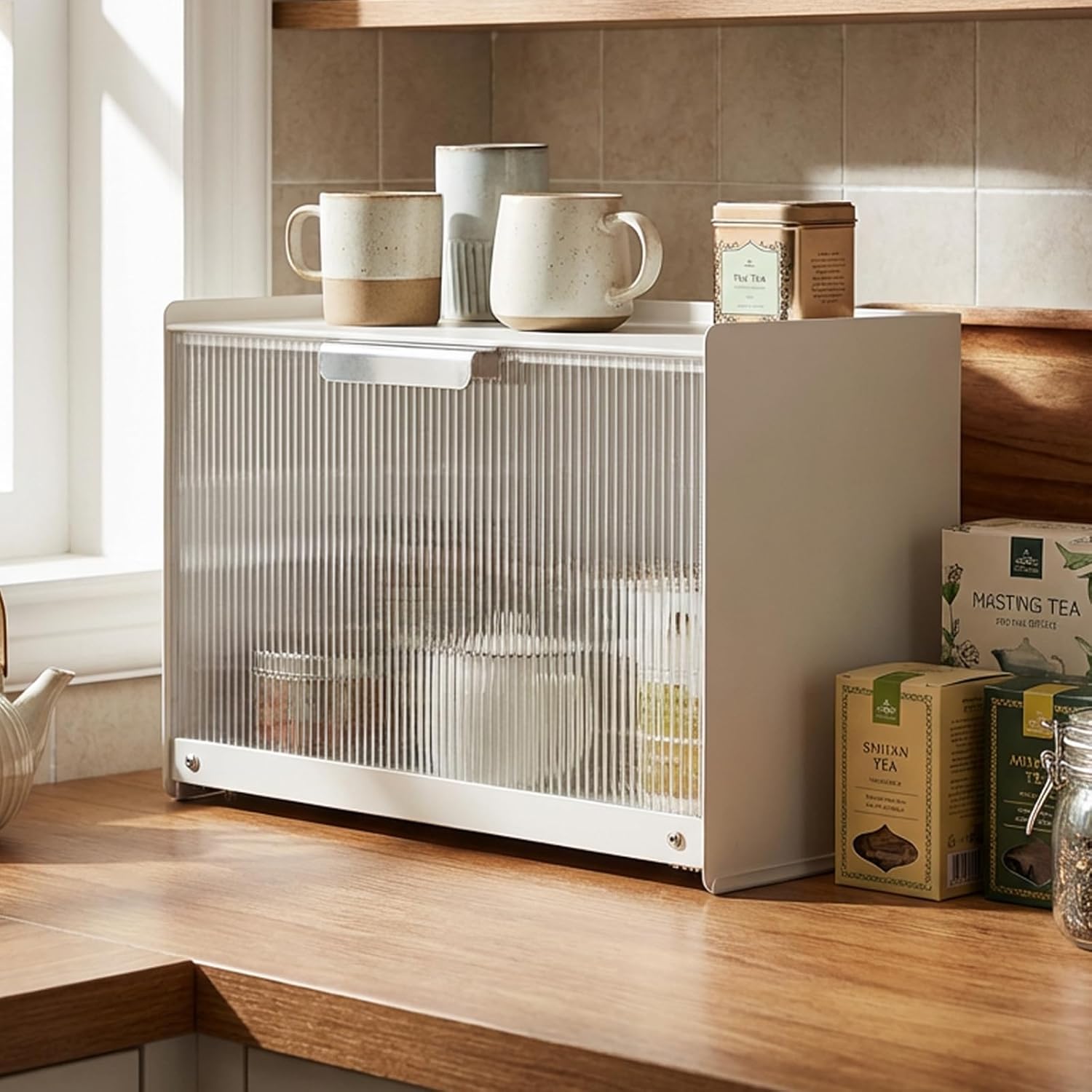 MOZIMABOX Cup Storage Cabinet, 2 Tier Coffee Station Organizer Countertop Organizer with Metal Frame and Acrylic Flip-Up Door, Mug Holder Countertop for Kitchen Countertops, Coffee Bars Storage