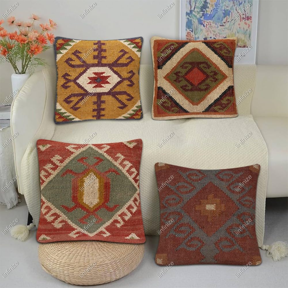 Housse de coussin vintage en jute et laine authentique 45x45 cm