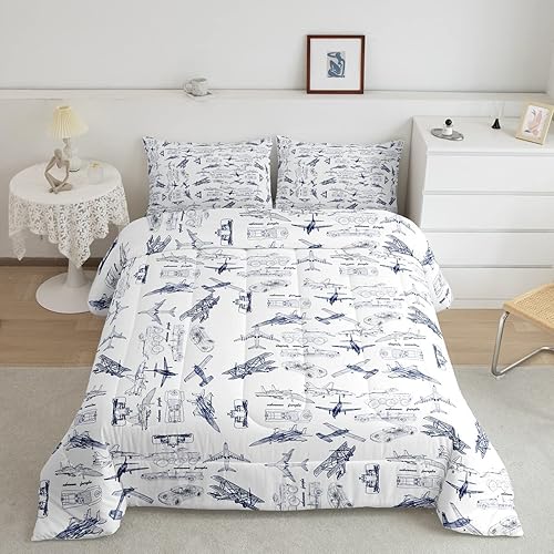 Feelyou Juego de ropa de cama con estampado de aviones para niños y niñas, juego de funda de edredón de microfibra estilo boceto azul y blanco,