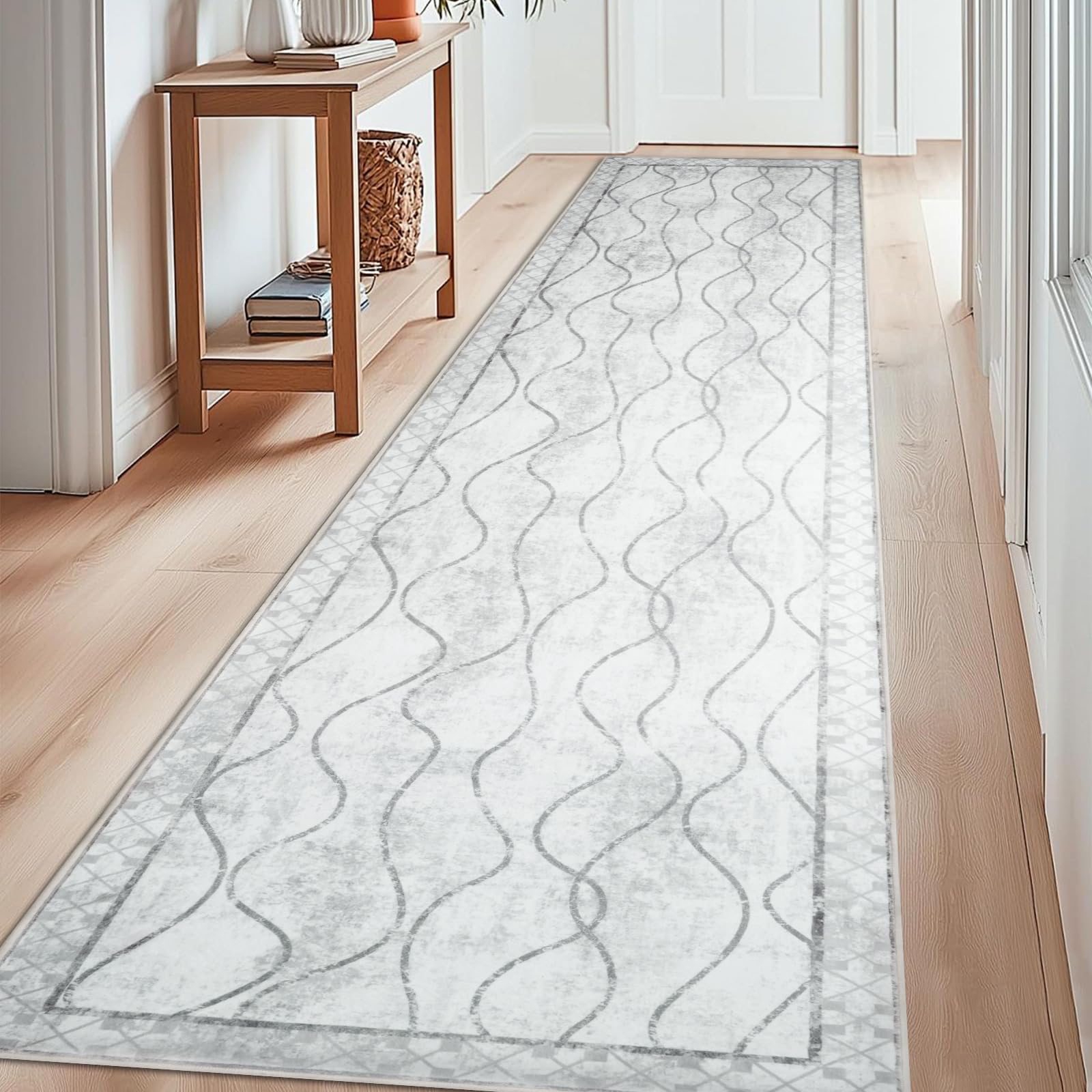 Famibay Rug Runner Hallway 80x300 Carpet Kitchen Runner Non-Slip Hallway Rug Runner Long Beige Grey Carpet Runner Hallway Washable for Kitchen Bedroom Living Room