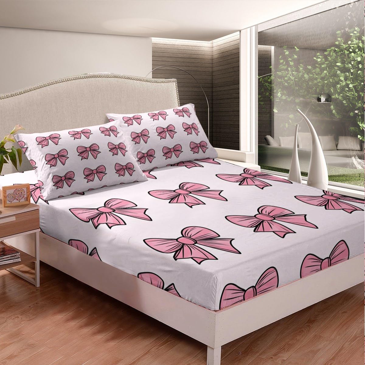 Erosebridal Kids Bow Fitted Sheet Queen Size for Kids Teens Adults,Pink Kawaii Bowknot Bed Sheets,Dreamy Princess Bedding Set,Fantasy Bed Set with 2 Pillowcases Deep Pockets,no Flat Sheet