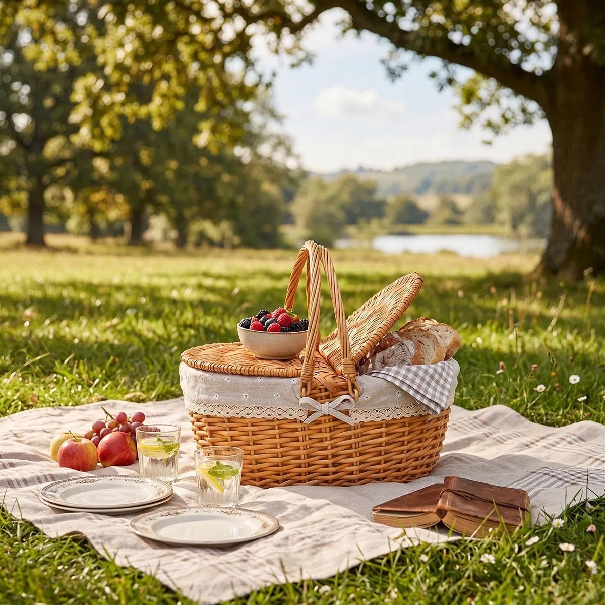 Panier de pique-nique en osier avec couvercle - Panier à provisions tressé avec poignée et doublure - Panier à champignons - Panier en osier pour le camping, les pique-niques, la cueillette et les