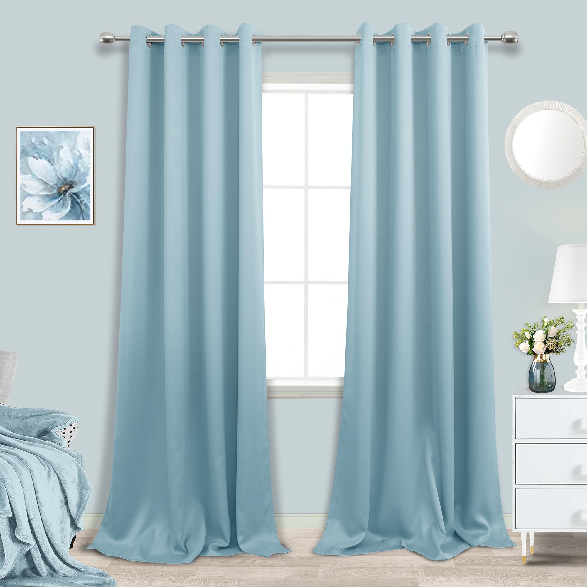 KOUFALL Light Blue Grommet Blackout Curtains Length for Bedroom, 52x108