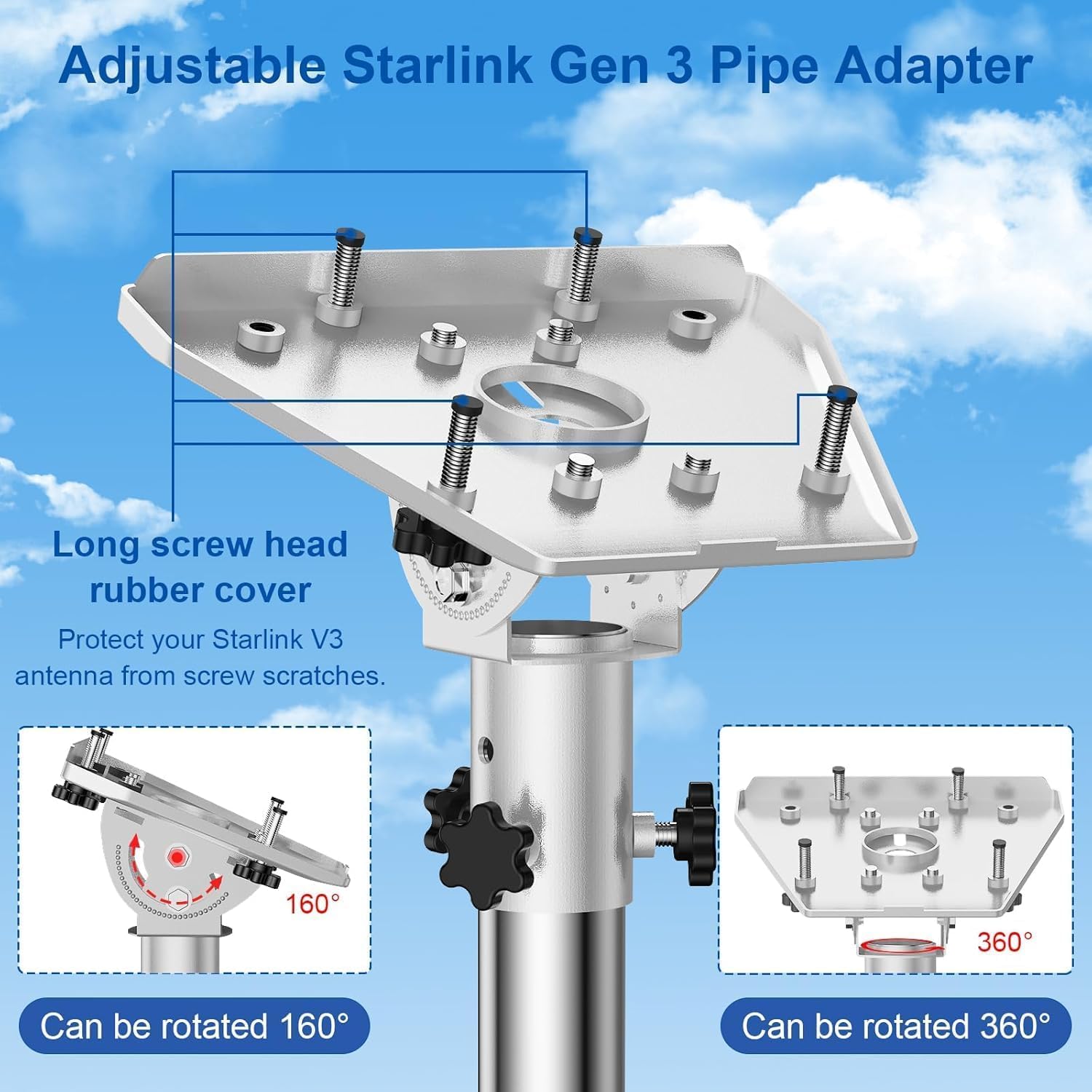 Starlink Mount for Standard 4/4x/Gen 3, 24-Inch 430 Stainless Steel Pole Bracket, Adjustable Roof/Wall Mount Kit with Aluminum Pipe Adapter, 160° Tilt & 360° Rotation