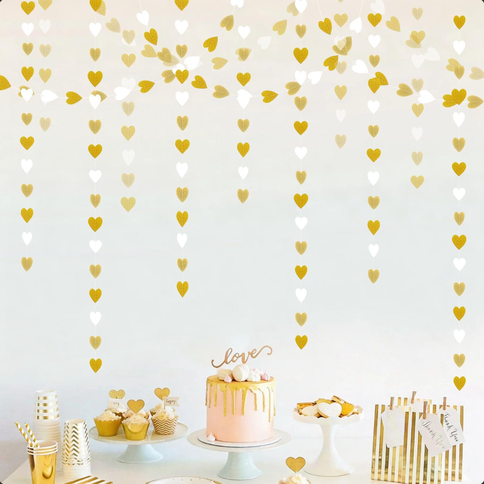 Decoraciones de fiesta de compromiso, decoración de fiesta de champán blanco y dorado, guirnalda de serpentinas de corazón, pancarta de papel colgante de 52 pies, pancarta de papel colgante