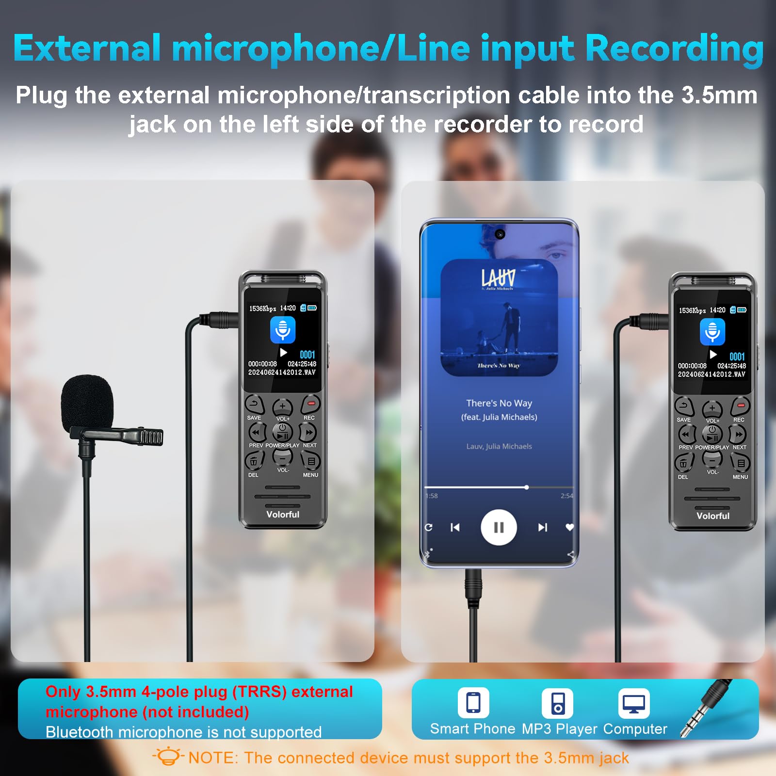 80GB Diktiergerät Digital 70 Std Aufnahmegerät, Volorful 1,44" Farbbildschirm Voice Audio Recorder, MP3 Player, USB-C Diktiergeräte mit Spracherkennung/Wiedergabe für Meeting Interview Vortrag