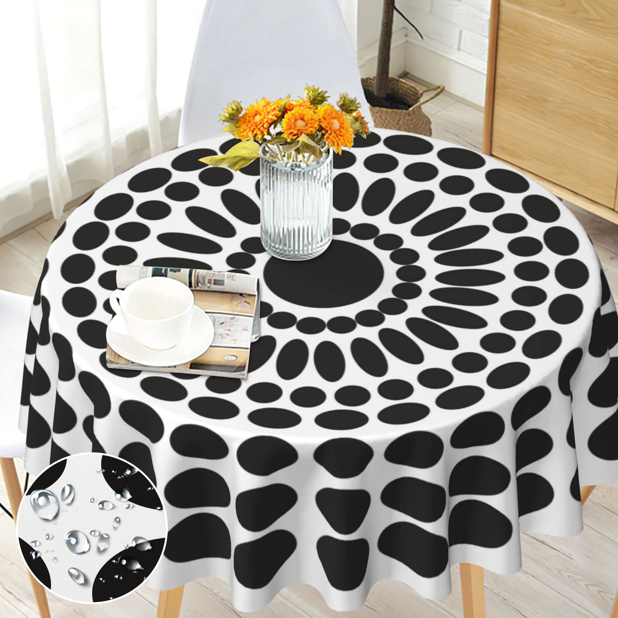 Bold And Brash Black And White Dots Round Tablecloth Wipe Clean 150Cm - Black And White Dot Pattern - Wipeable Circular Table Cloth Waterproof Stain-Resistant Polyester Table Cover For 4-6 Seater Dining Kitchen Patio Garden Outdoor