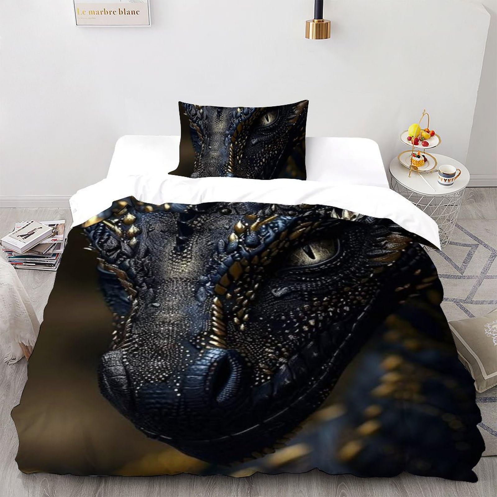 Housse de couette dragon noir fermeture éclair pour éviter que la couette ne glisse