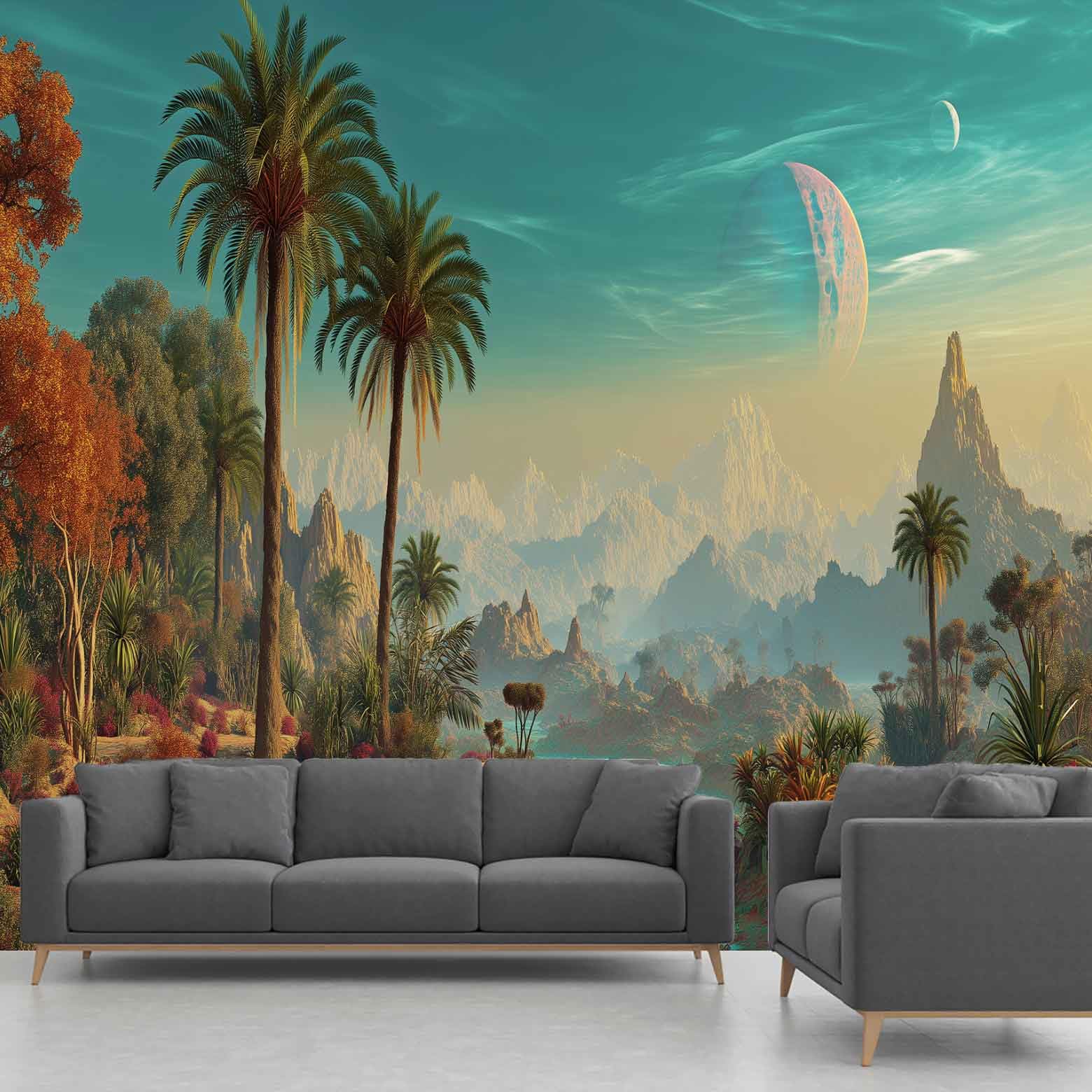 Papier peint panoramique rivière planète nuit salon