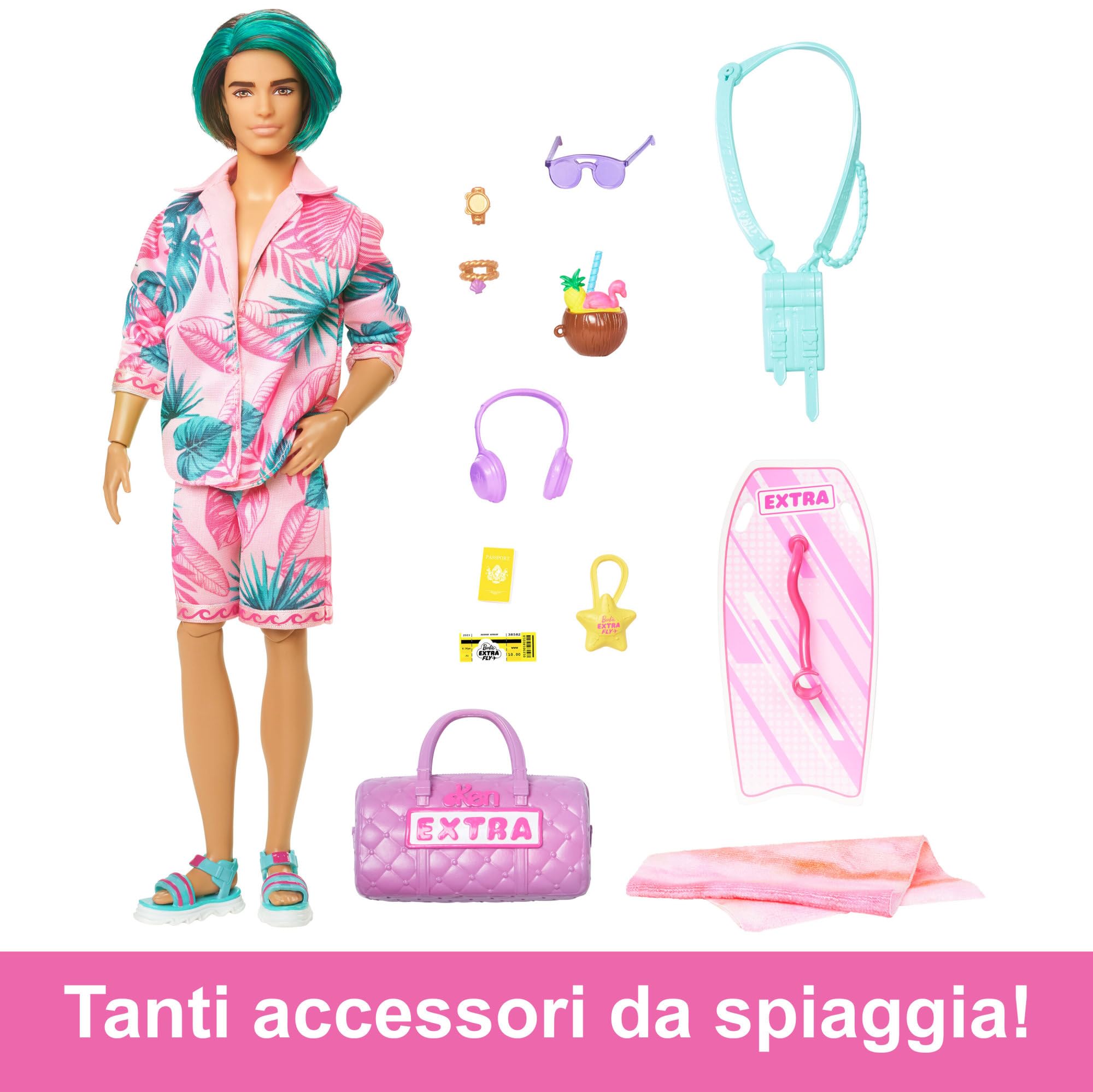 Barbie - Extra Fly, bambola Ken viaggiatore con look da spiaggia, outfit alla moda dal motivo tropicale, con tavola da surf e borsone, accessori inclusi, giocattolo per bambini, 3+ anni, HNP86