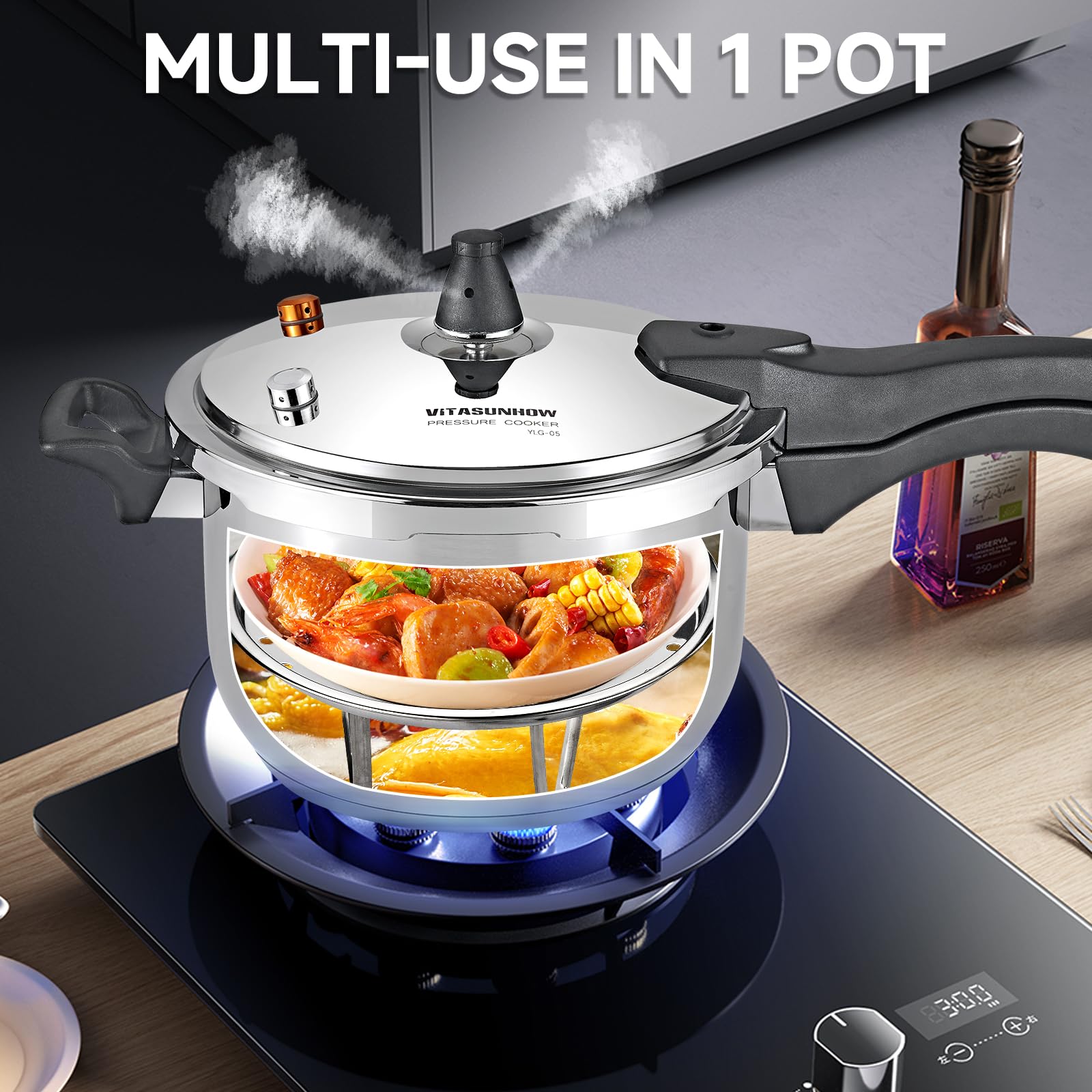 Olla a presión de acero inoxidable, compatible con inducción, garantiza una distribución uniforme del calor, ideal para cocinar a presión o cocinar al vapor (7 litros)