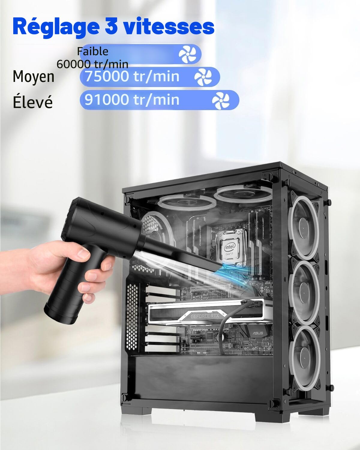 Souffleur PC, 3 Vitesses 91000 RPM Air Comprimé Nettoyage pc, Rechargeable par USB Souflette d Air Electrique, Air Duster Depoussierant Electrique Dépoussiérant pc avec Batterie 6000mah