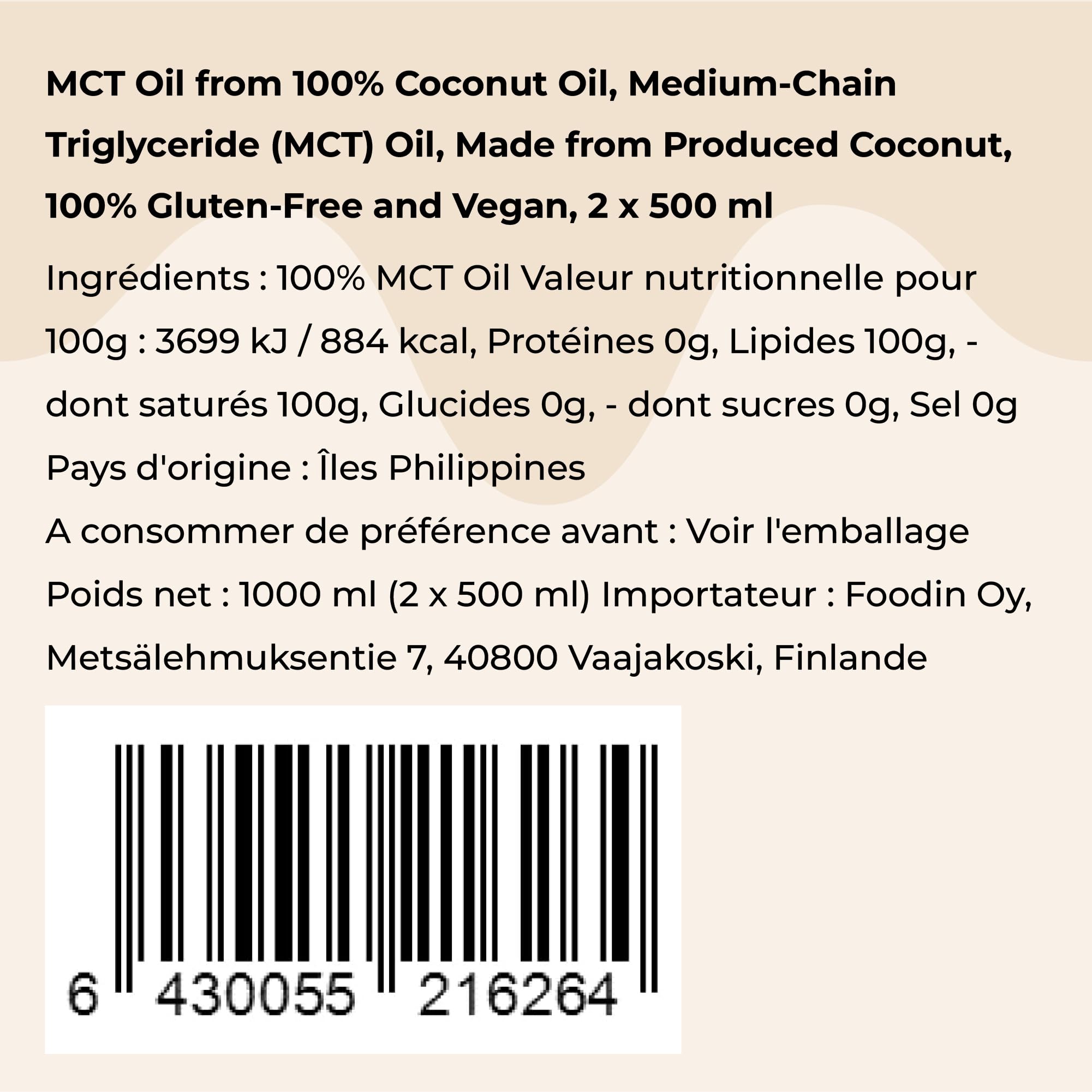 FOODIN Huile MCT 100% Huile de Coco,Triglycérides à Chaîne Moyenne (MCT), Sans Gluten & Végétalienne, de Coco Pure pour Athlètes, Idéale pour Régimes Cétogènes & Bienfaits Santé, 2 x 500 ml