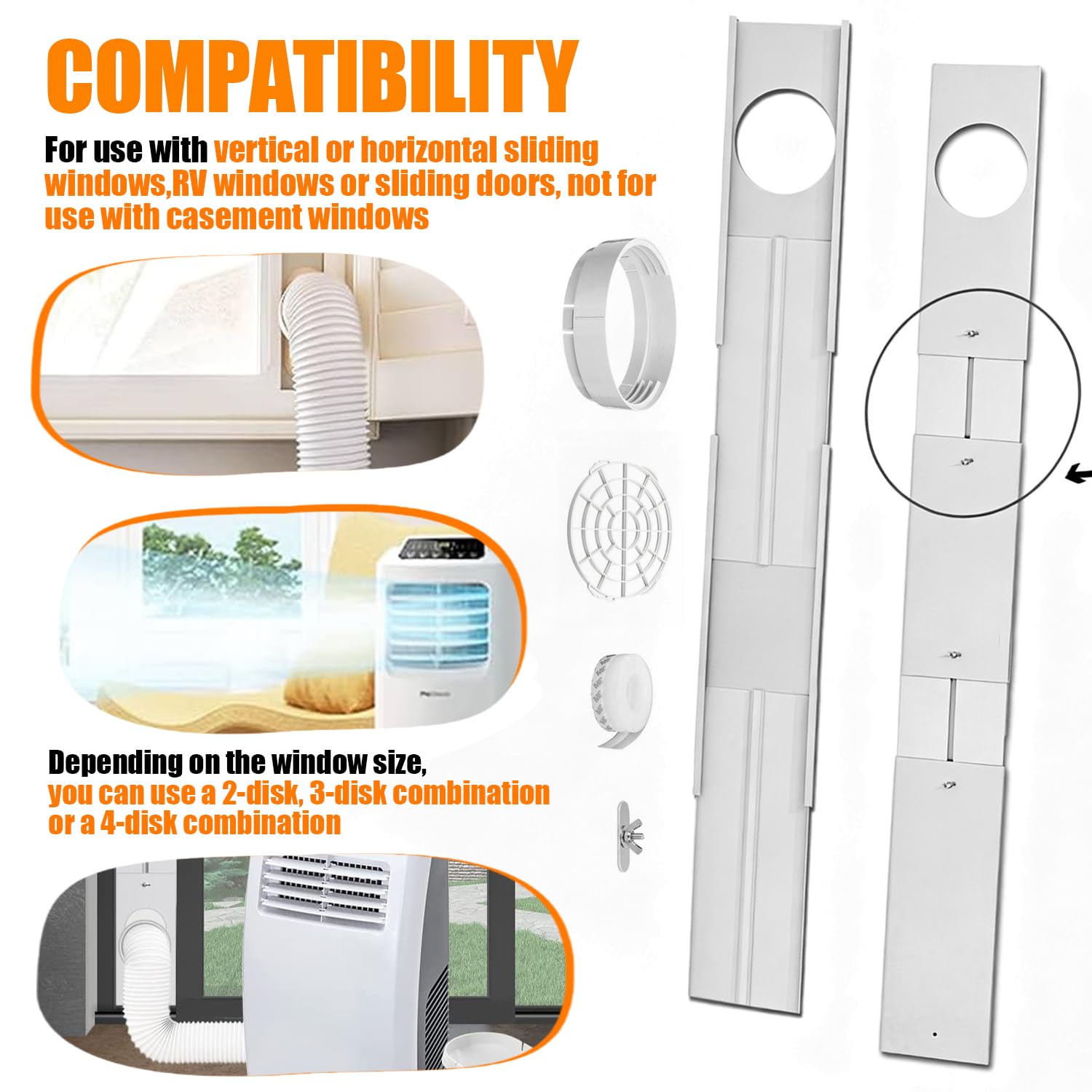 Finestra Scorrevole Mobile d'Aria Condizionatore Kit di Guarnizione | Kit per Pannello Finestra di Estensione con accoppiatore (Ø15cm, 43-230cm)