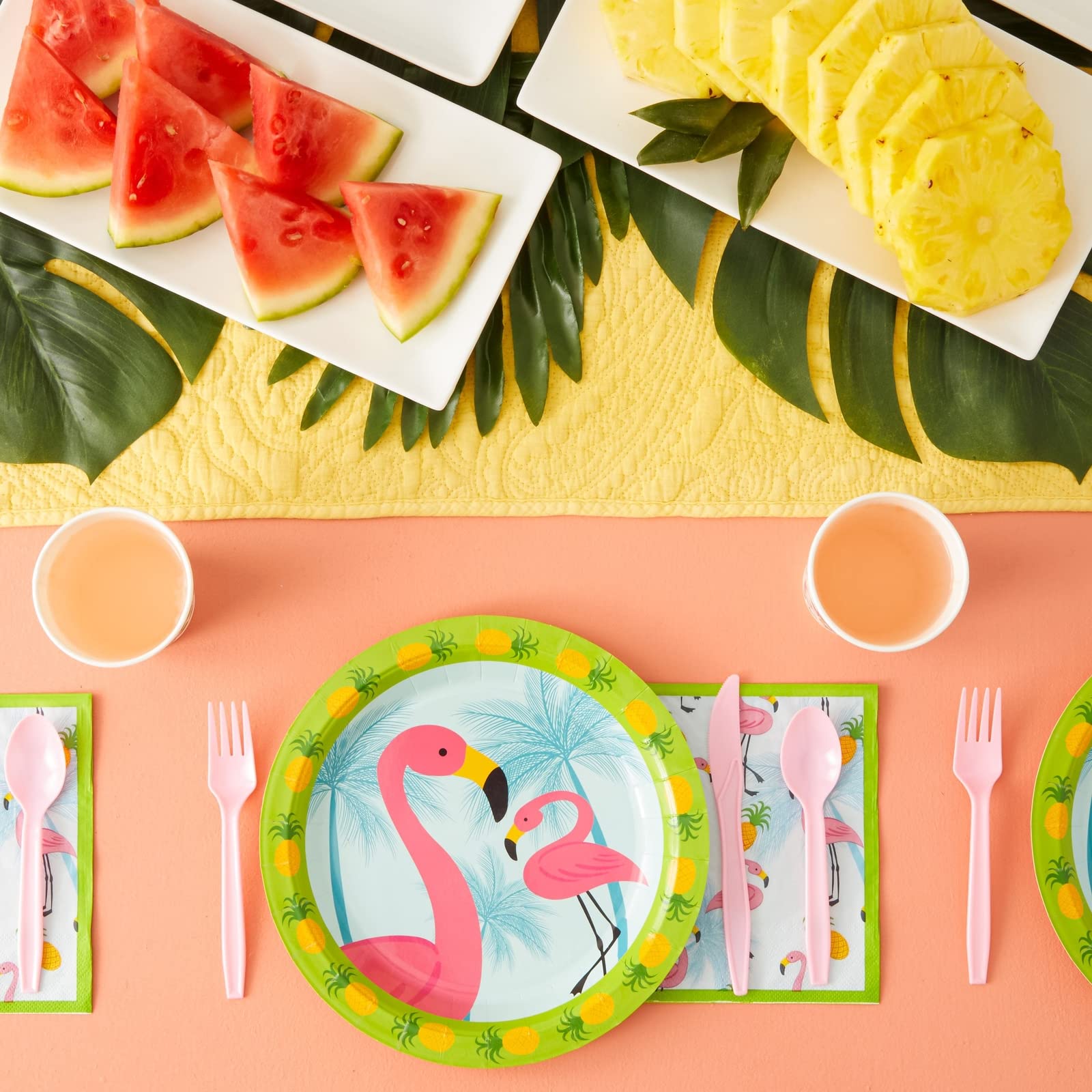 Vajilla Desechable De Cumpleaños Temática Flamenco/Hawaiana | Para 20 Personas | Incluye Platos, Vasos, Servilletas Y Mantel