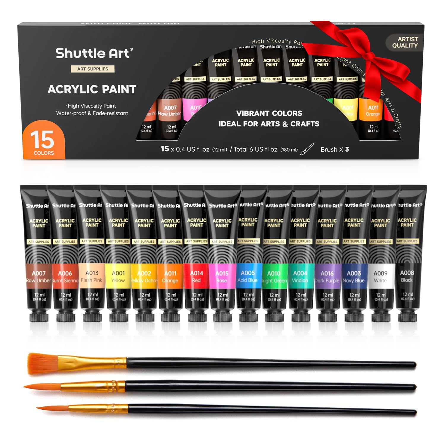 Shuttle Art Acrylic Paint Set, 15 x 12ml Tubes Artist Quality Non Toxic Rich Pigments Colors Perfect for Kids Adults Beginners Artists Painting on Canvas Wood Clay Fabric Ceramic Crafts
