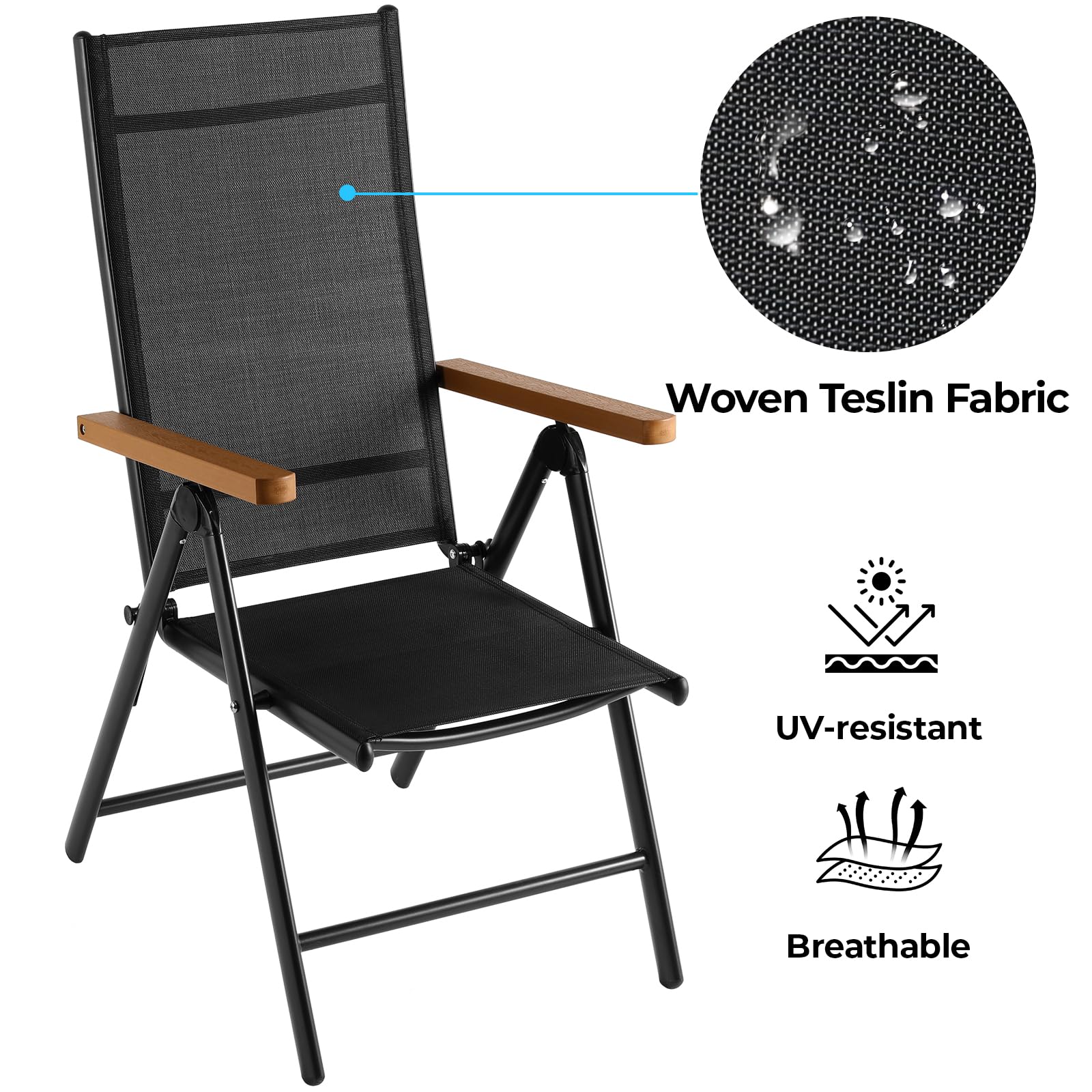 LIFERUN Juego de 2 Sillas de Jardín Plegables de Aluminio con Reposabrazos Imitación Madera, Respaldo Alto Ajustable 7 Posiciones, Transpirables, Portátiles, Silla Exterior de Camping para Terraza
