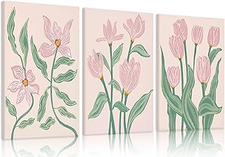 Framed Pink Tulip Florals Canvas Wall Art Set Of 3,Boho Pink and Green W...
