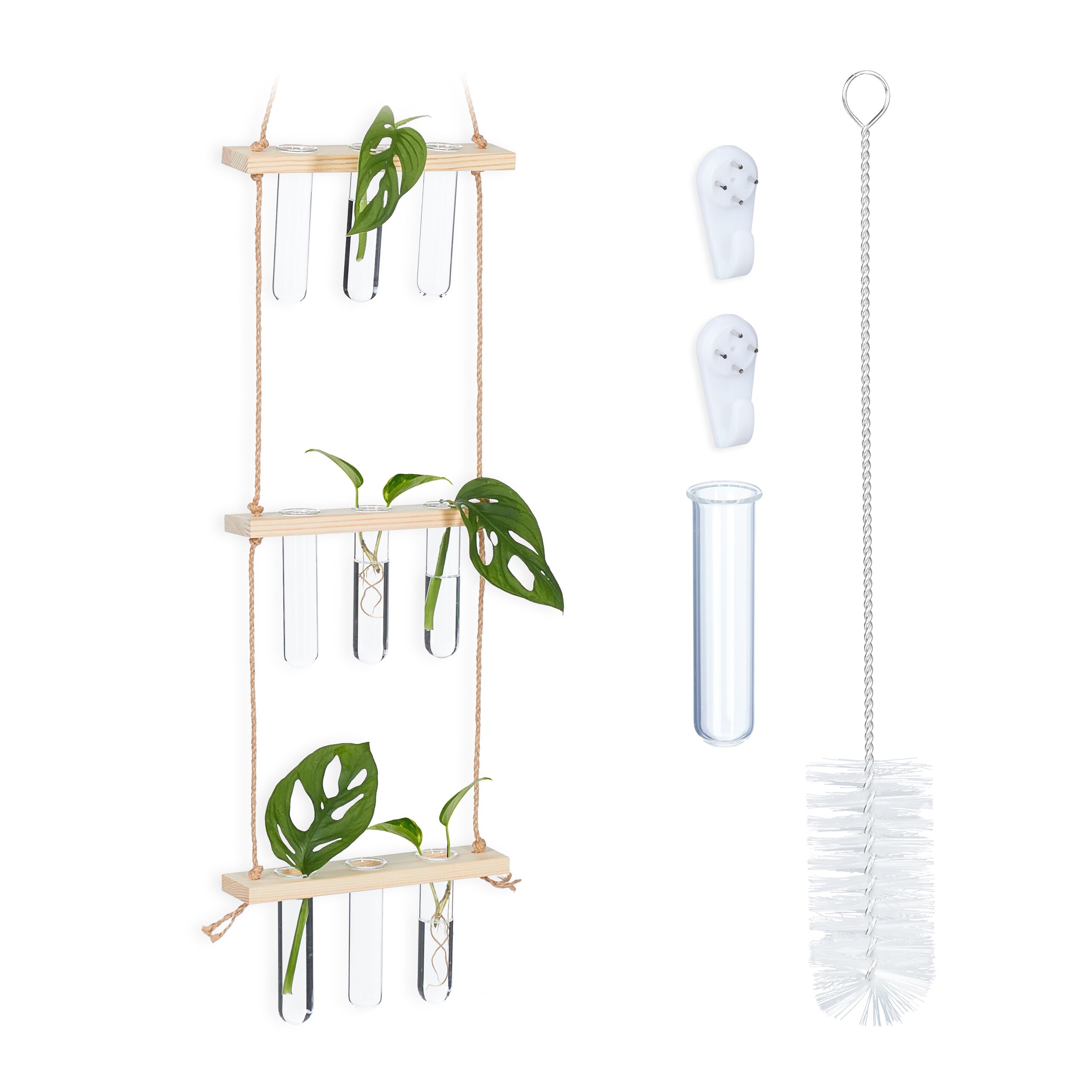 Relaxdays Estación Propagación Esquejes, Propagador Plantas Colgante, Tubos Ensayo, Soporte Madera, Natural/Transparente