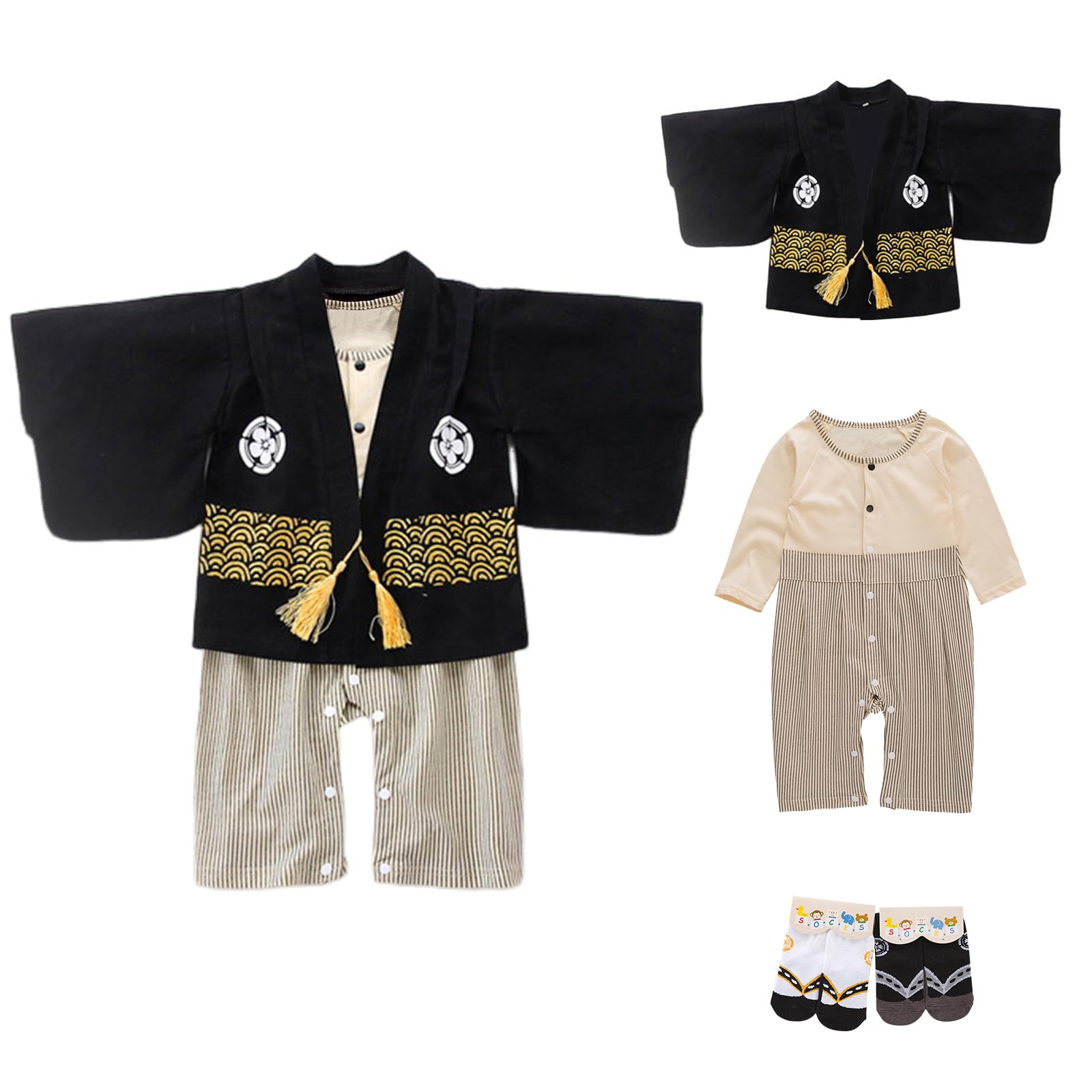 Kimono Bébé Cosplay Bebe,Déguisement Japonais Carnaval pour Bebe Garçons et Filles,Ensemble en Coton à Manches Longues pour Bébé Toddler,avec 2 Paires de Chaussettes