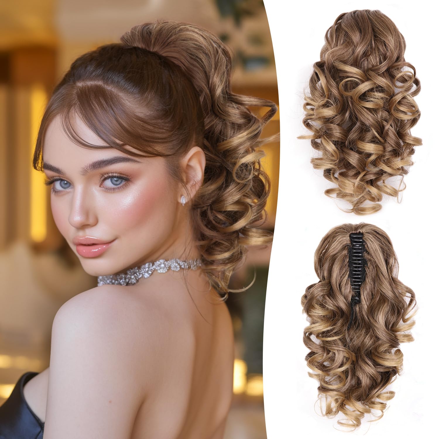 Photo 1 of 12 Inch Ponytail Extension - Clip in Ponytail Hair Extensions, Curly Wavy Pony Tails Hair Extensions, Synthetic Claw Clip Ponytail Extension for Women (Color: Dark Ash Blonde With Golden Ends)